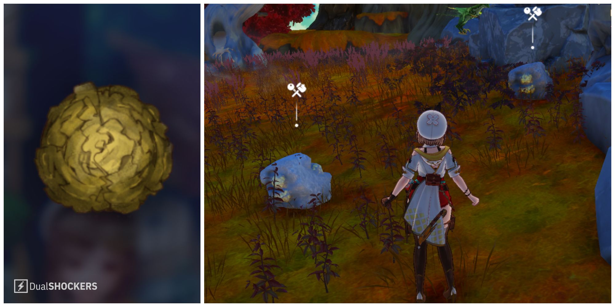 Split image of Lightning Ore in the basket and Lightning Ore in the wild in Atelier Ryza 3.