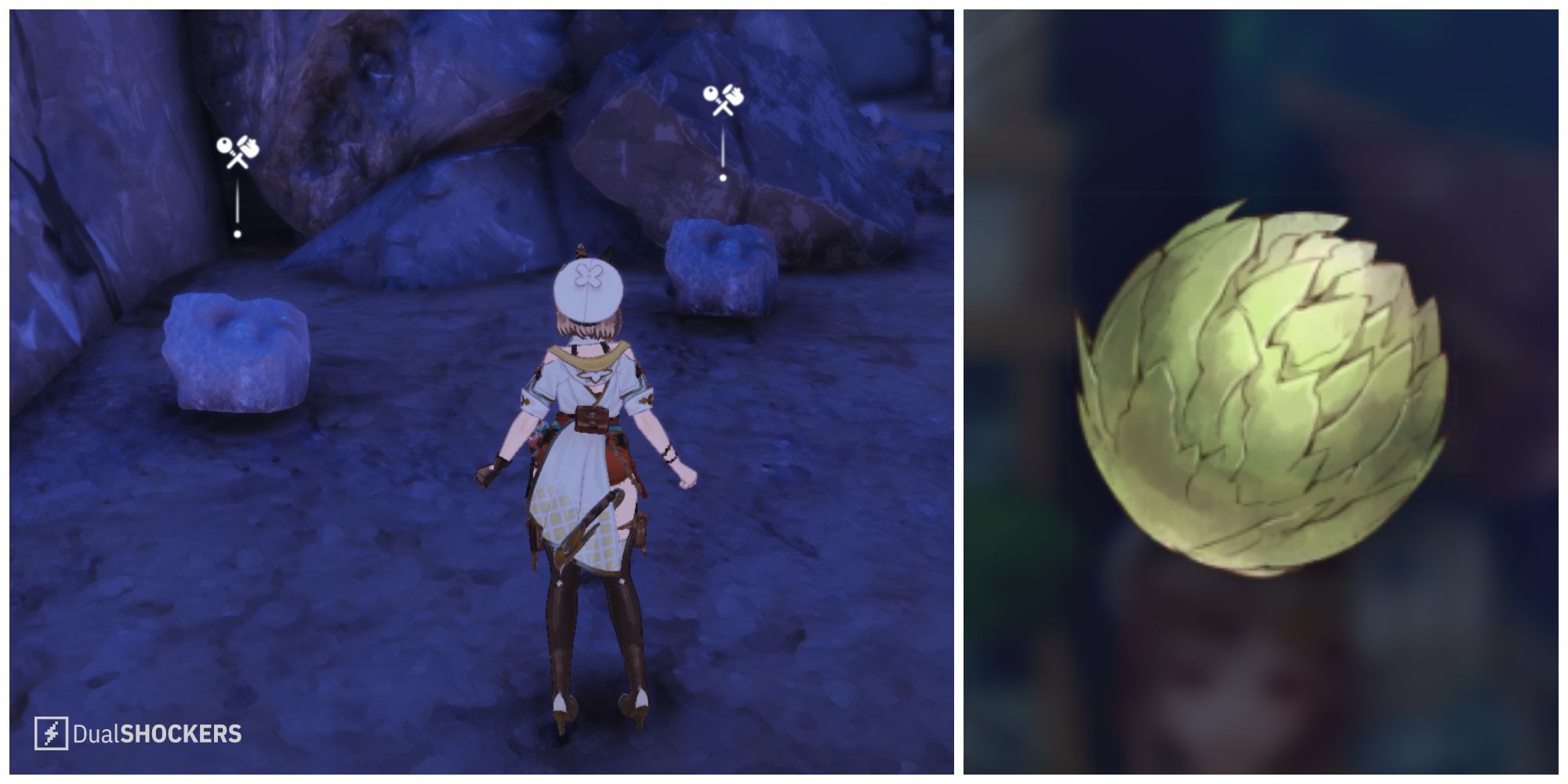 Split image of Wind Ore in the wild and Wind Ore in the basket in Atelier Ryza 3.