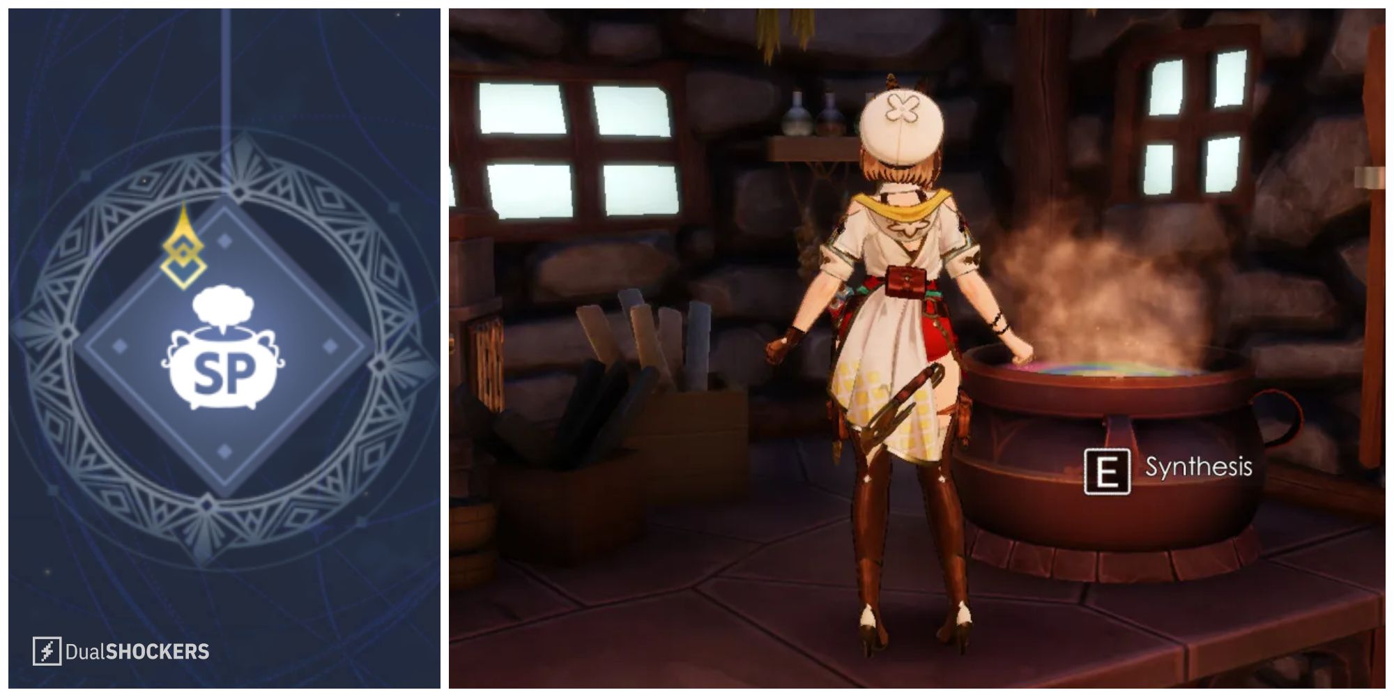 Split image of the skill point symbol and the synthesis pot in Atelier Ryza 3.