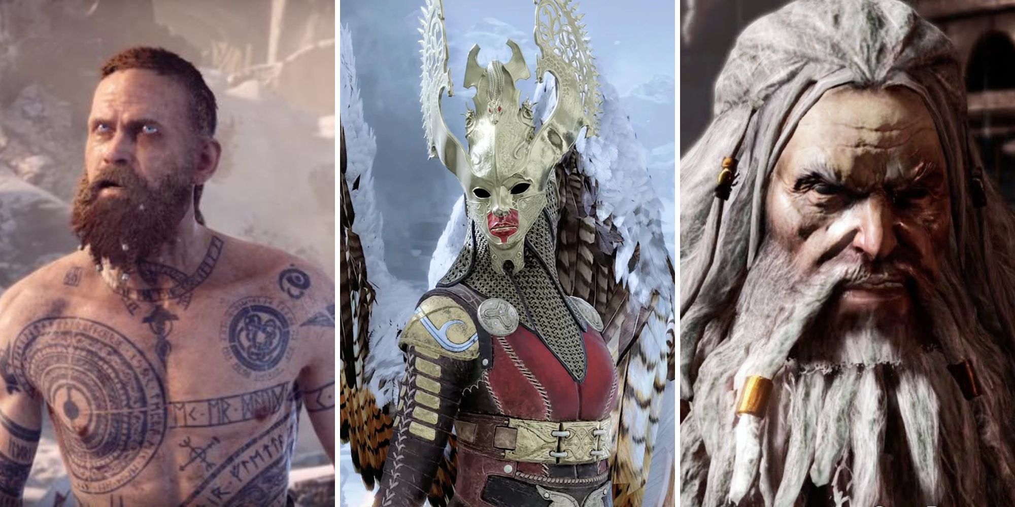 Collage of the hardest bosses in God of War (Baldur, Sigrun, Zeus)