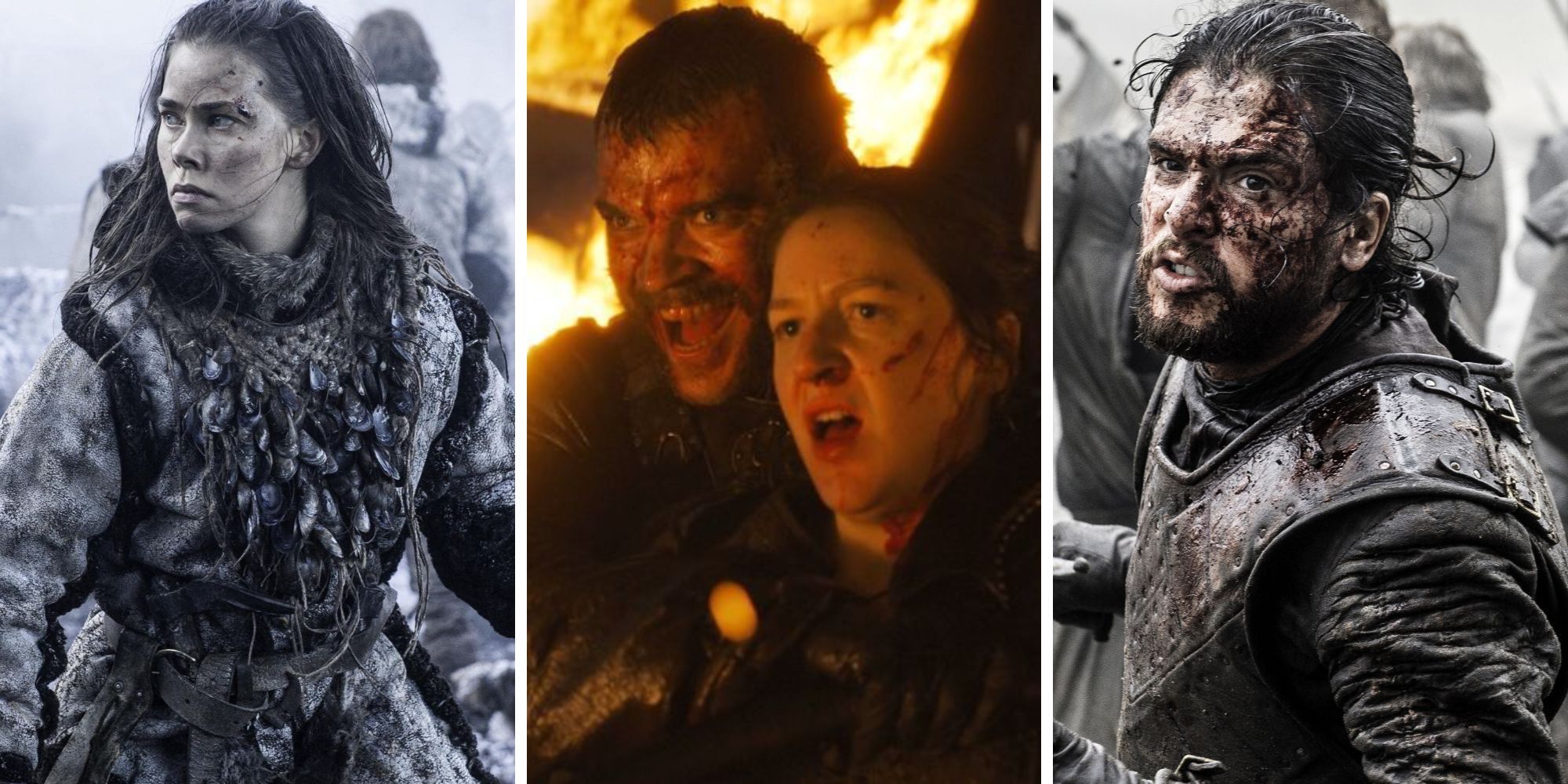 GOT Battles Featured Image featuring stills from Battle at Hardhome, Greyjoy naval battle, and Battle of the Bastards