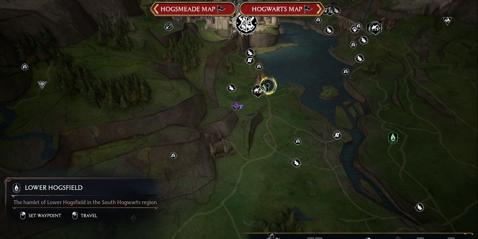 Image of the location on the map of the Lower Hogsfield Labyrinth in Hogwarts Legacy.