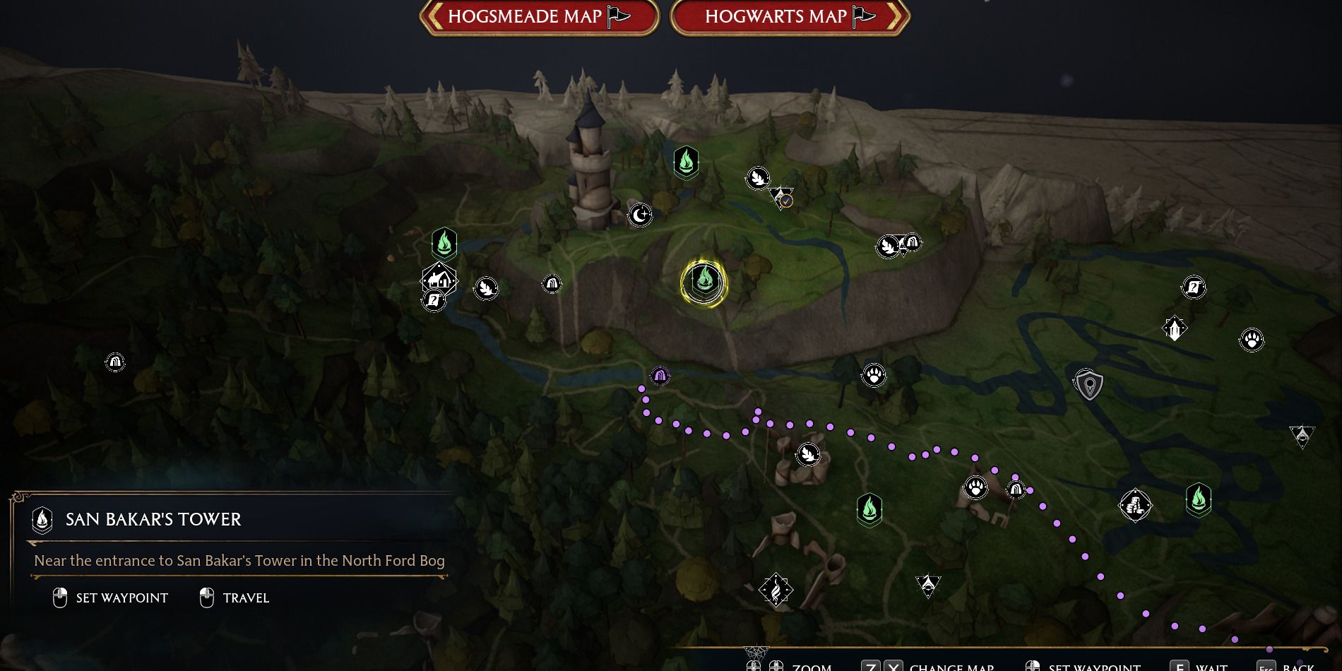 Image of the location on the map of the treasure vault near San Bakar's Tower in Hogwarts Legacy.