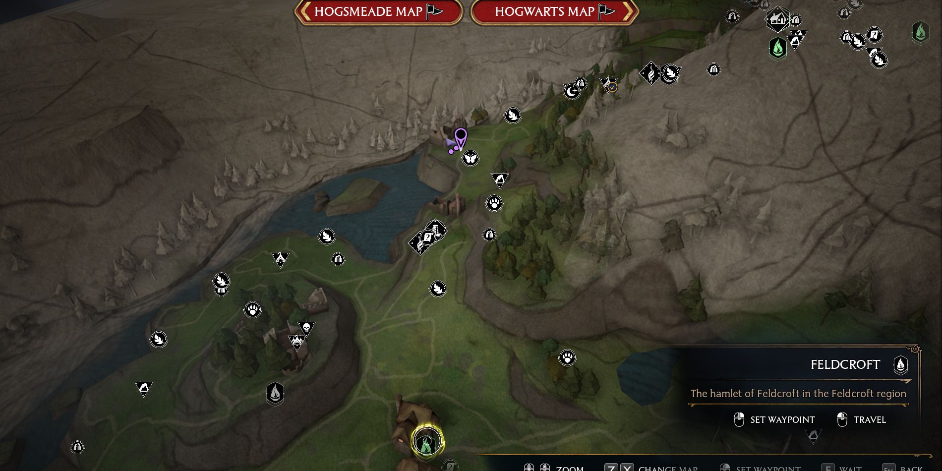 Image of the location on the map of the northern Feldcroft treasure vault in Hogwarts Legacy.