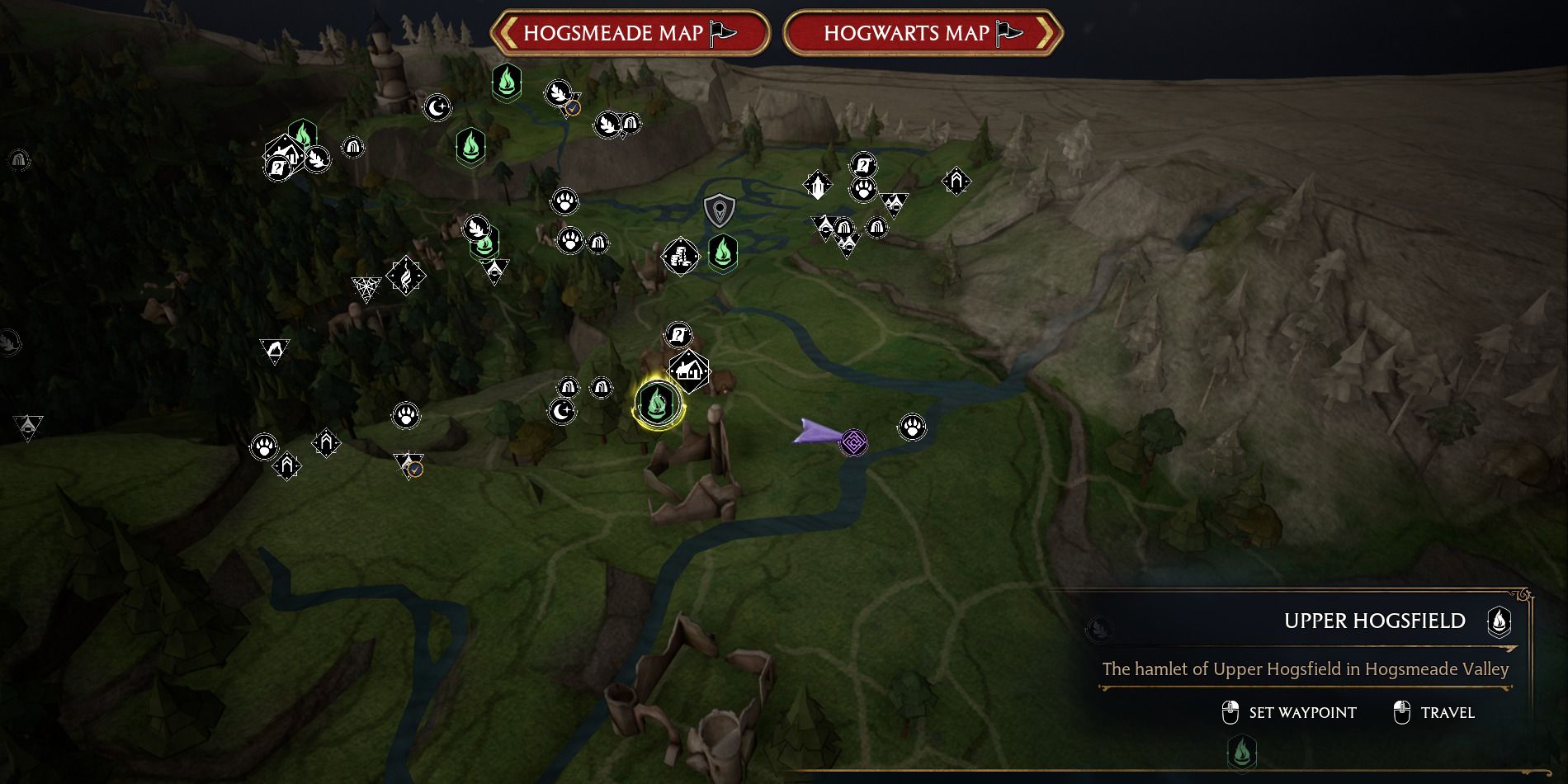 Image of the location on the map of the hedge maze near Upper Hogsfield in Hogwarts Legacy.