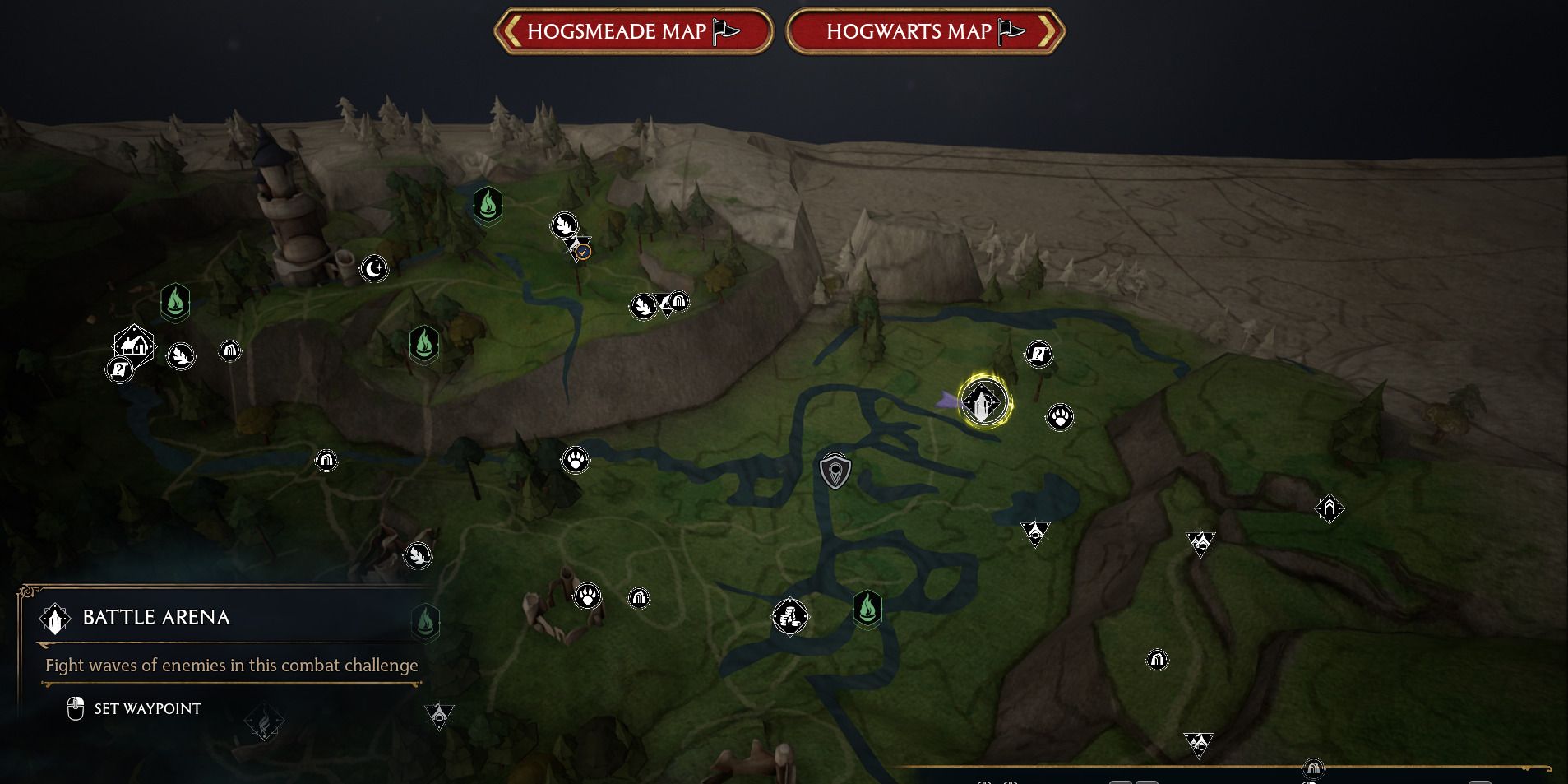 Image of the battlefield on the map in Hogwarts Legacy.