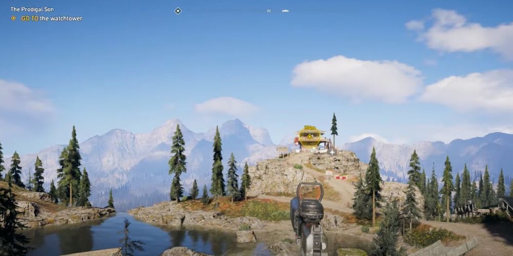 Far Cry 5 watchtower visible on top of hill