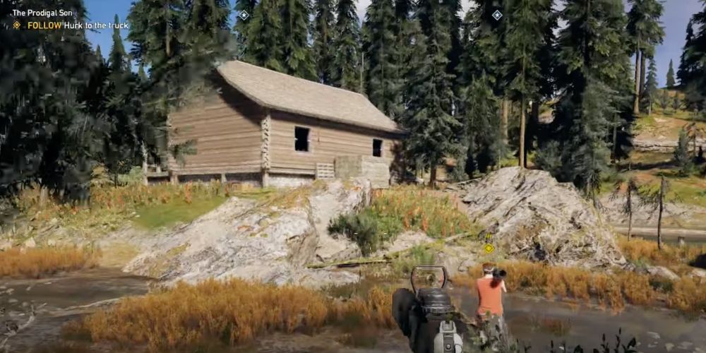 Far Cry 5 a cabin surrounded by trees