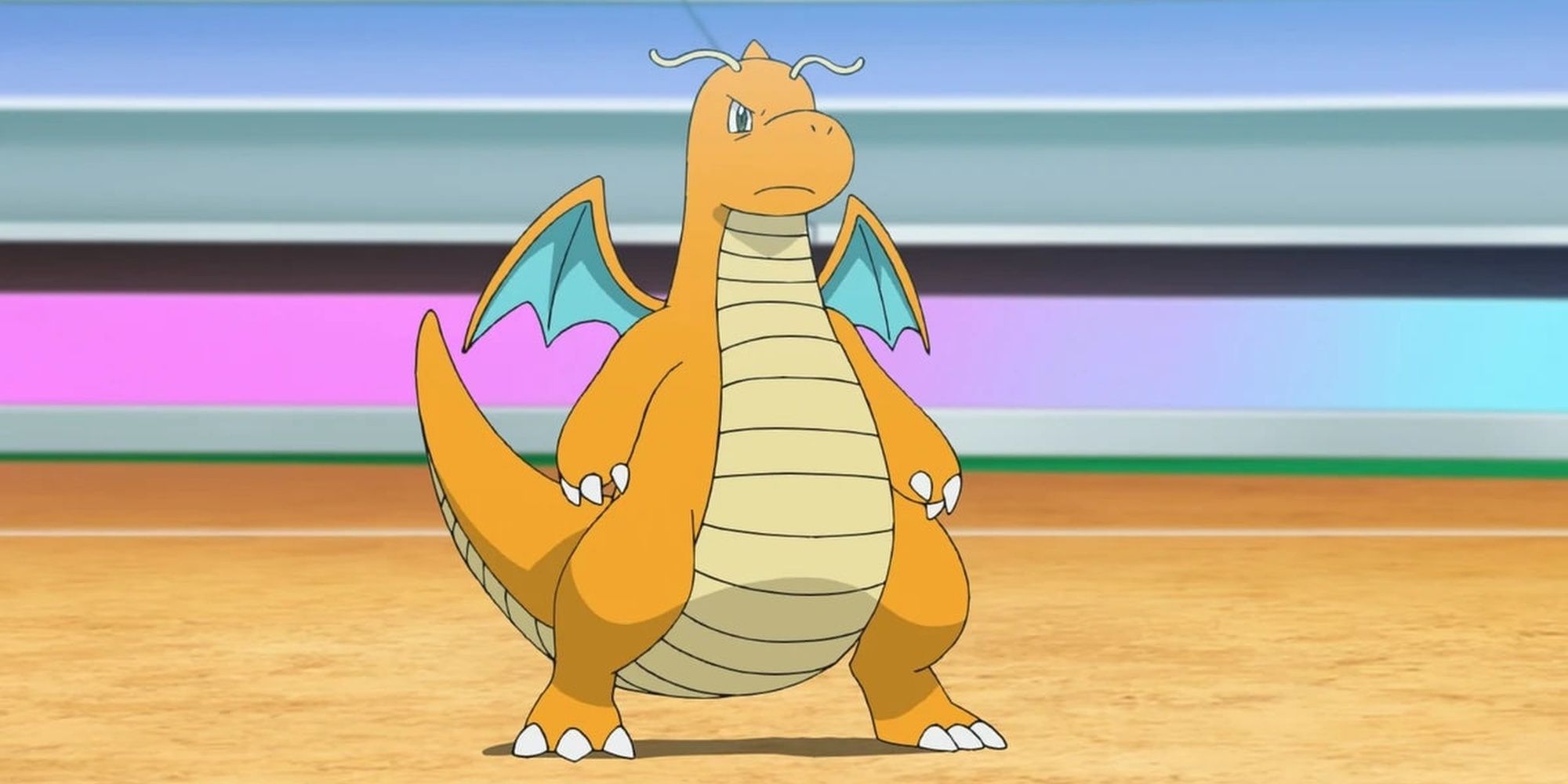 Dragonite in pokemon gym battle ready to fight