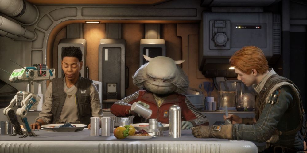 Three crewmates sitting and eating a meal together in the Mantis' kitchen