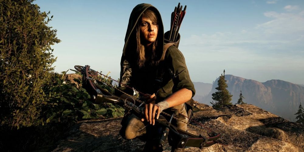 Far Cry 5 Jess Black crouching on cliff edge
