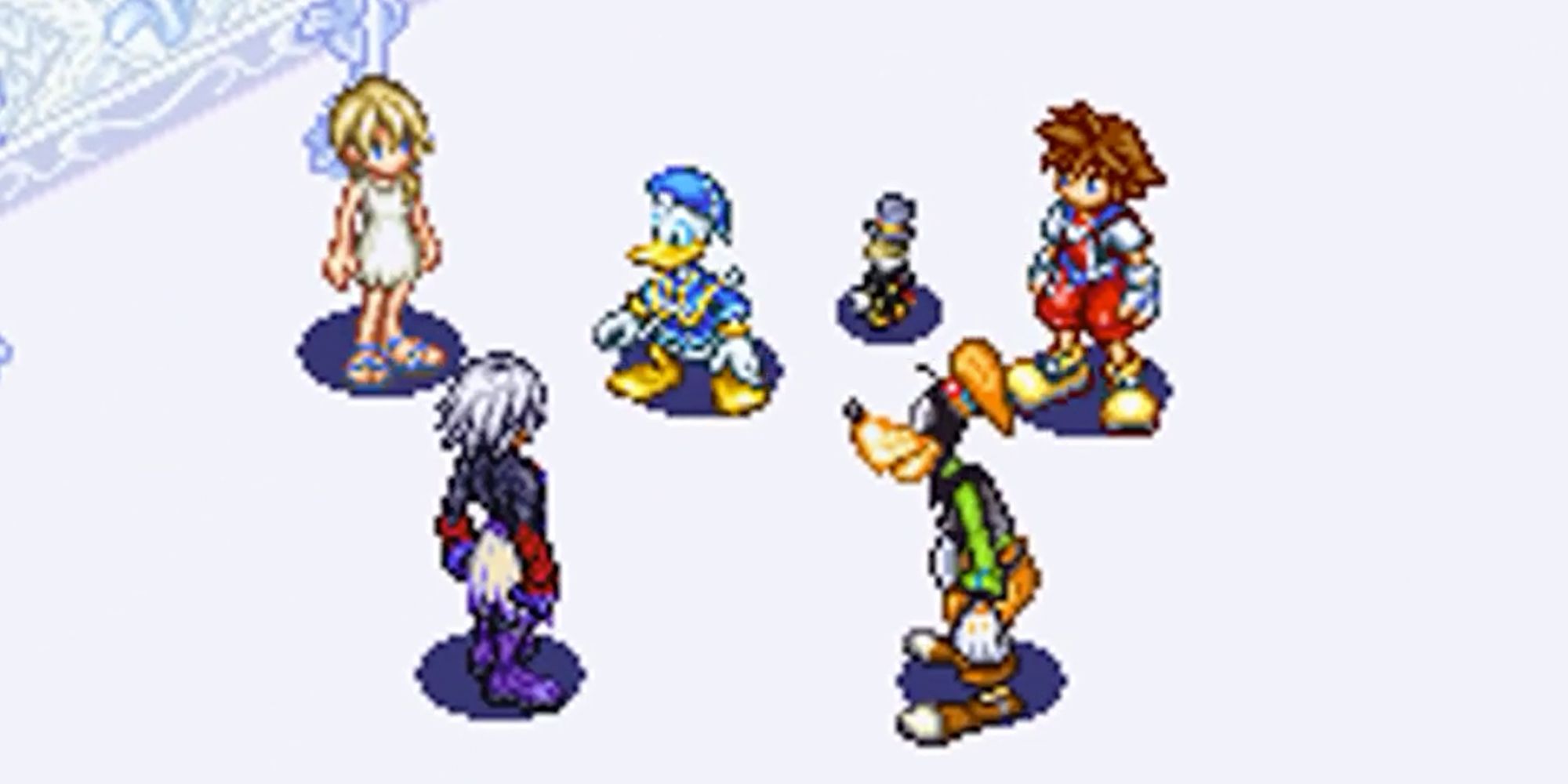 Sora, Namine, Riku, Donald, and Goofy congregate in the hall of Kingdom Hearts: Chain Of Memories' Castle Oblivion.