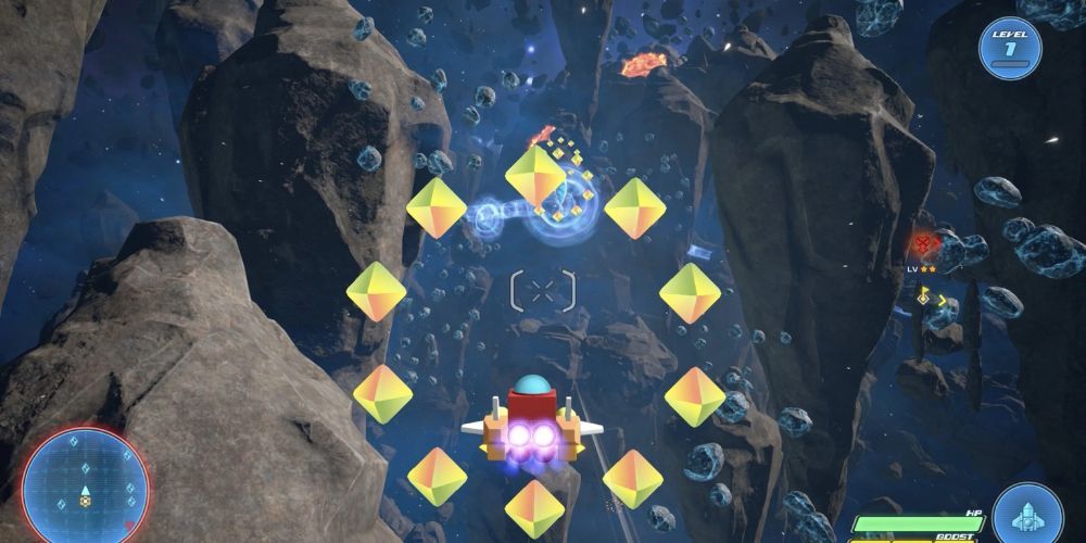 A view of the Gummi ship from behind as it flies between giant rocks in space