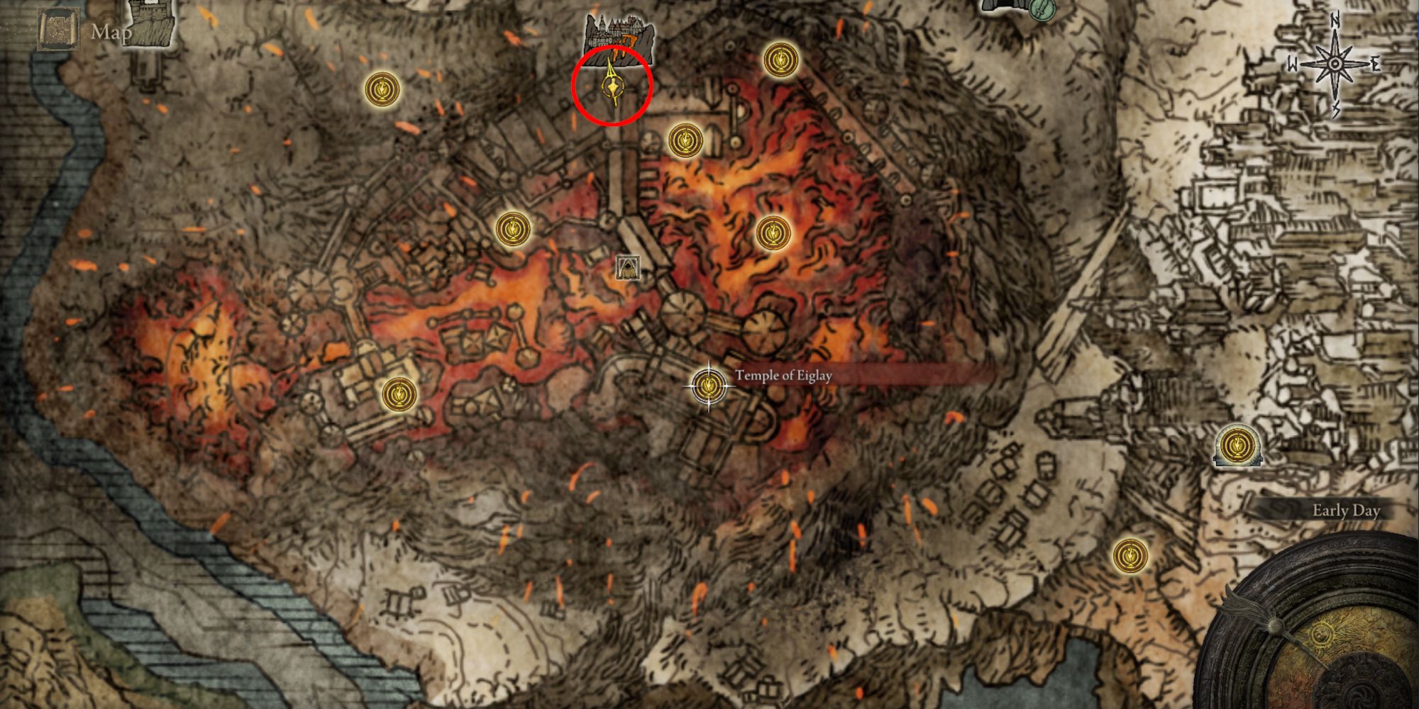 A marked location of where the Royal Knight's Resolve Ash of War is located in Elden Ring.
