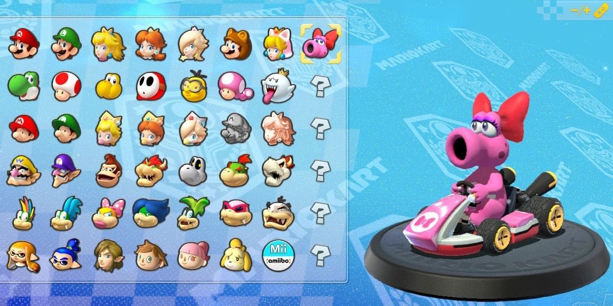 A screenshot of Mario Kart 8 Deluxe's character selection screen, featuring newcomer Birdo and the five new character slots.