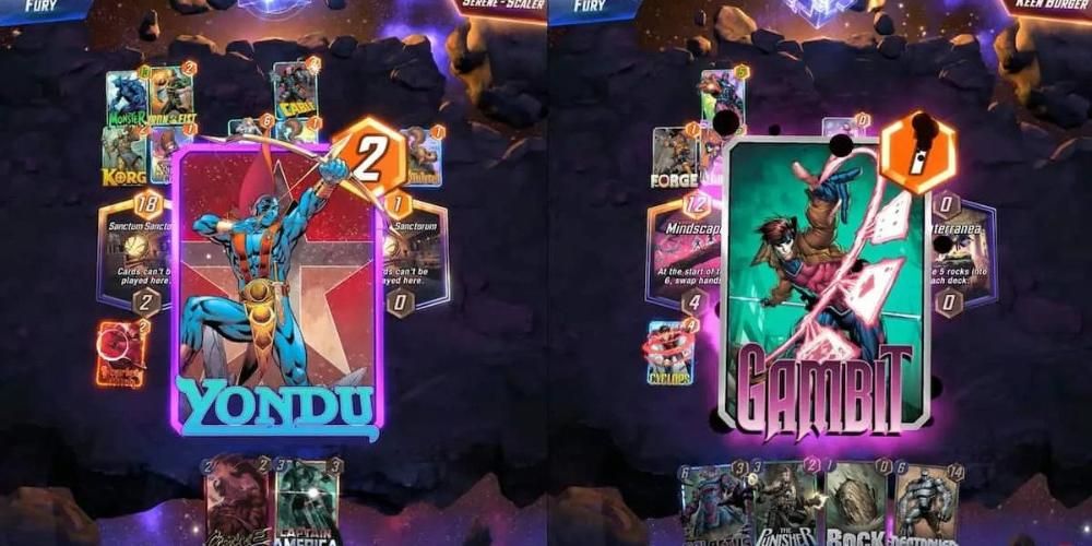 Two screens side-by-side of a card battle. Each screen has a card with a comic character with other cards behind it