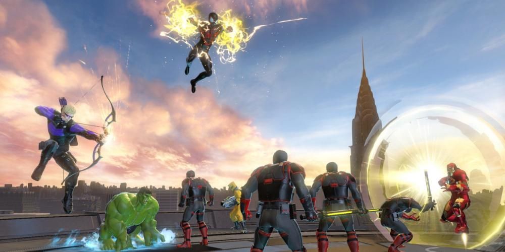 Hawkeye, Hulk, Spiderman and Iron Man attacking enemies on a bridge