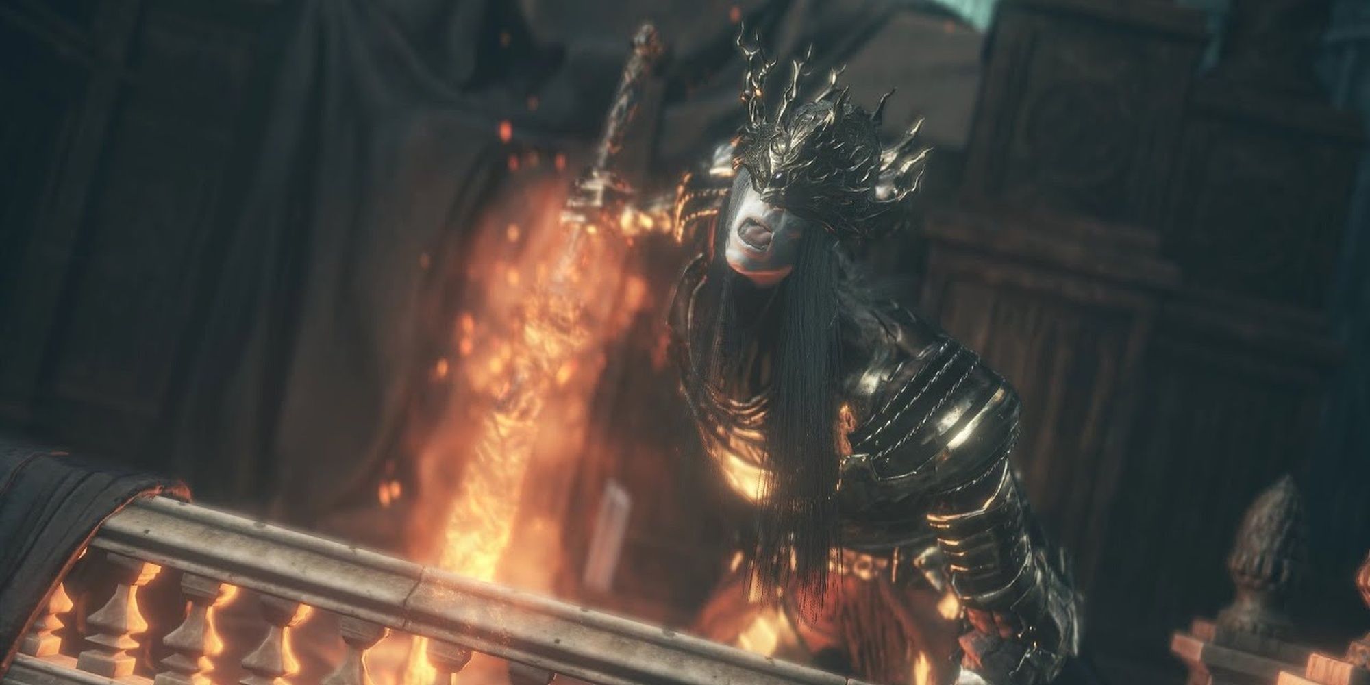 Lorient wielding his fiery sword in Dark Souls 3