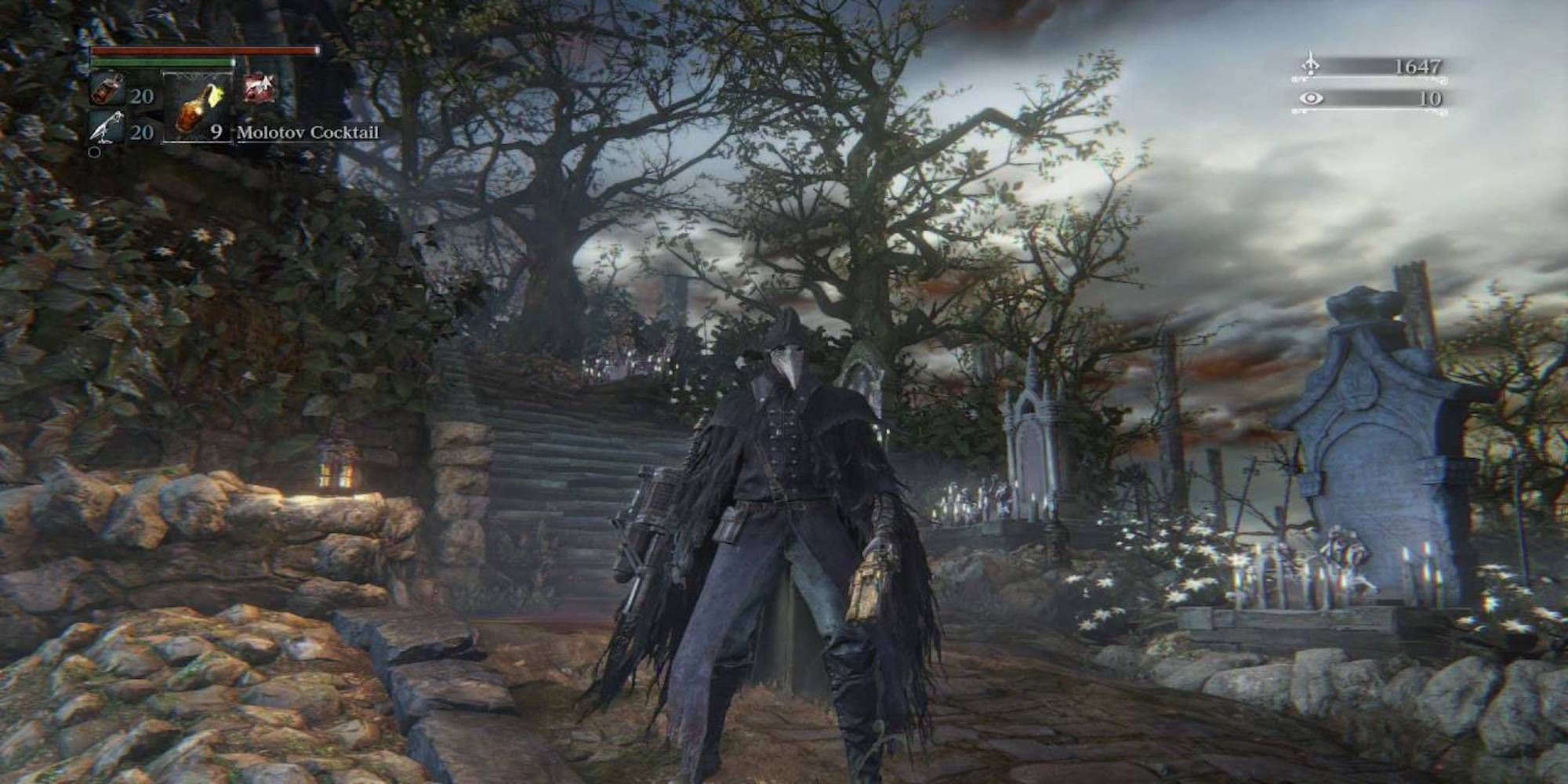Player wearing the Crowfeather Set (Bloodborne)