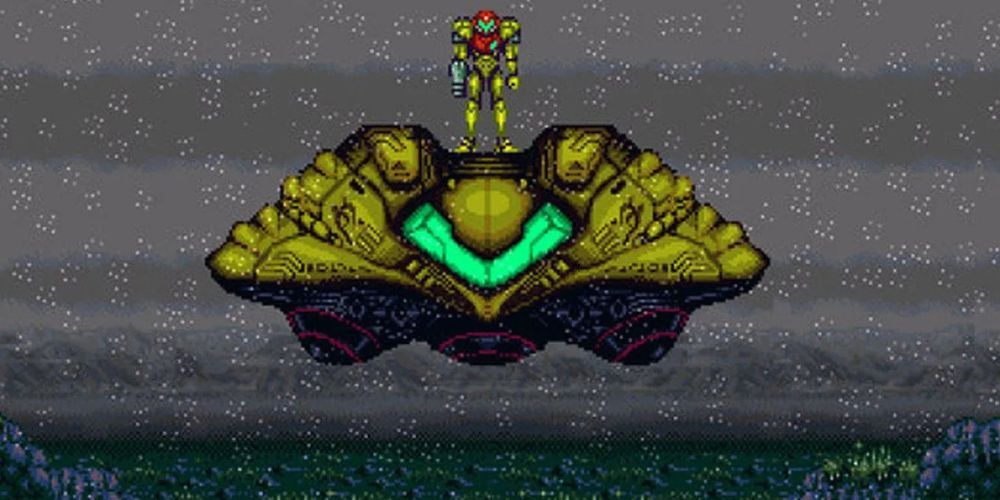 Samus standing on top of her ship as it hovers over the ground. Its dark and rainy.