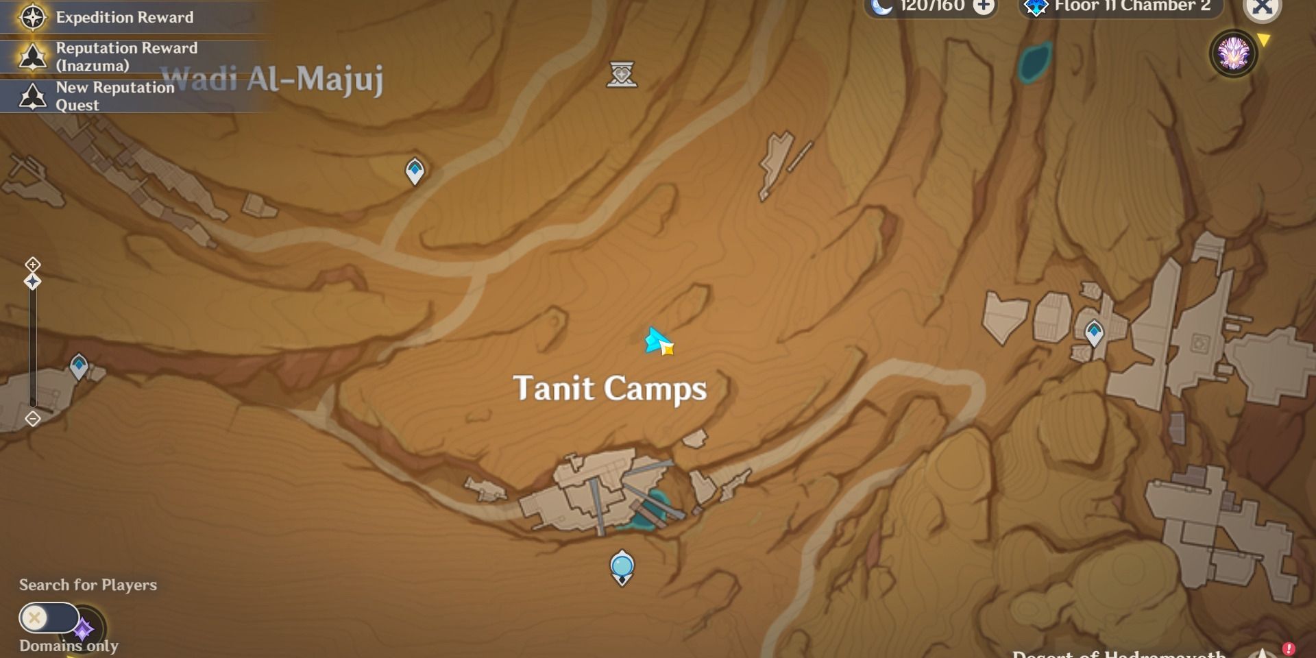Image of the location on the map of the fifth mysterious stone slate near Tanit Camps in Genshin Impact.