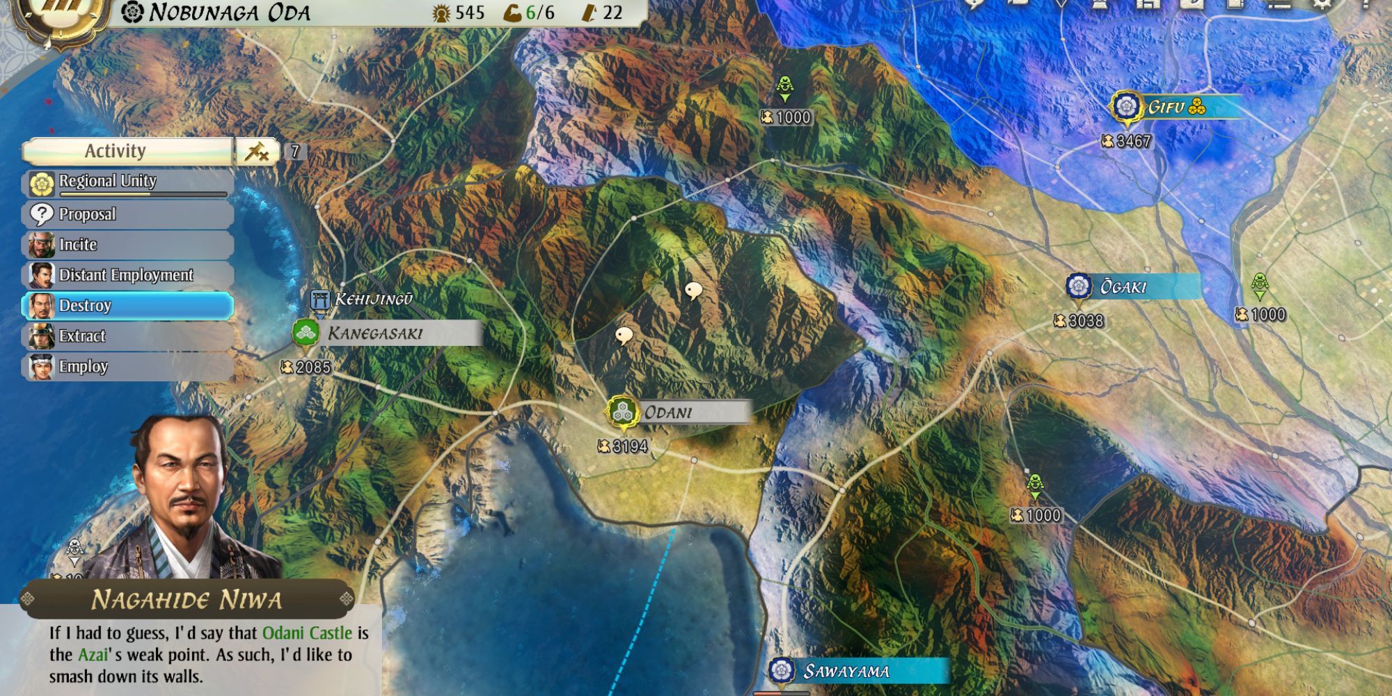 Screenshot of Nobunaga's Ambition: Awakening gameplay. 