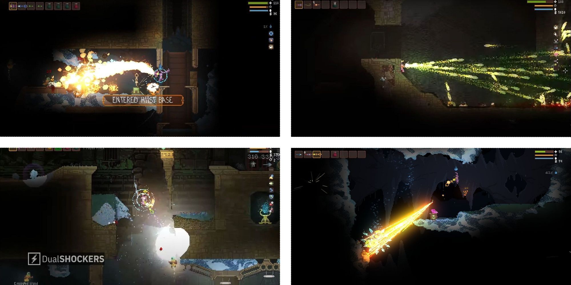 Various spells from noita causing explosive effects.