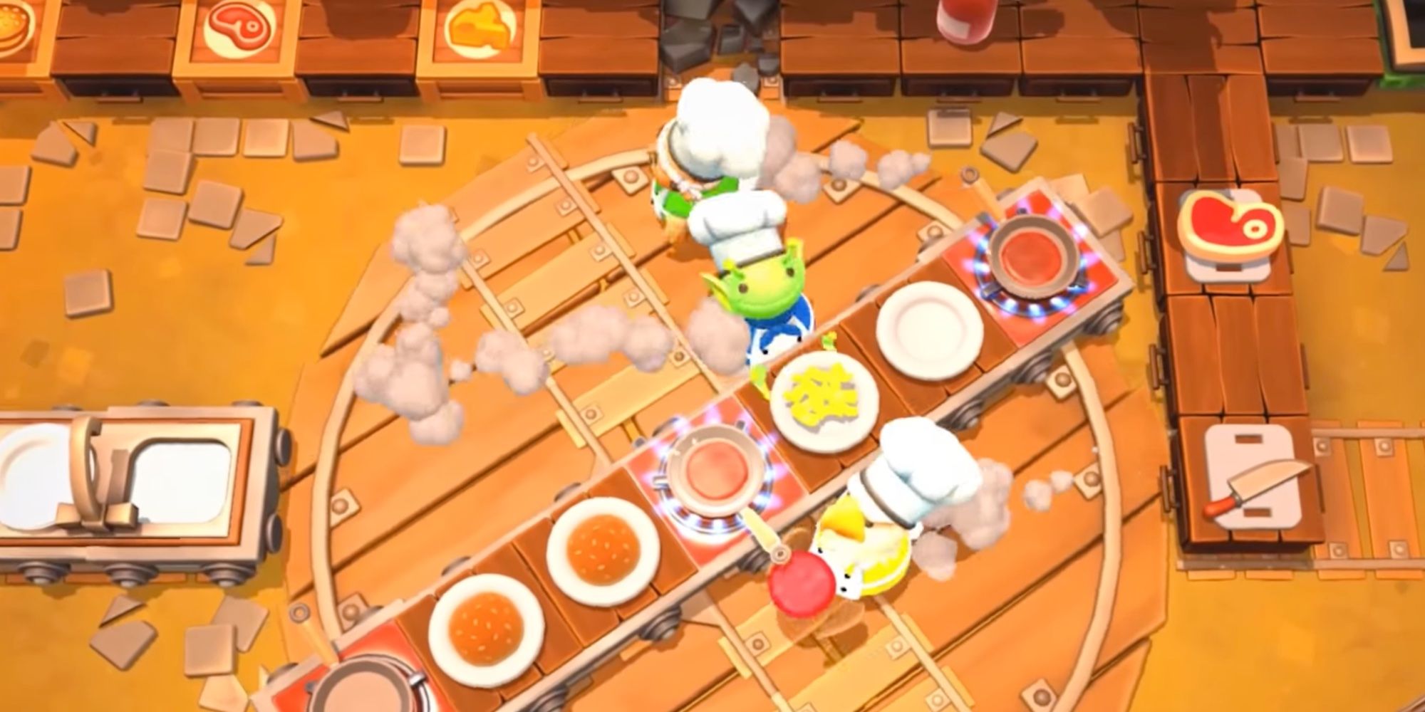 Three players trying to cook on a rotating map