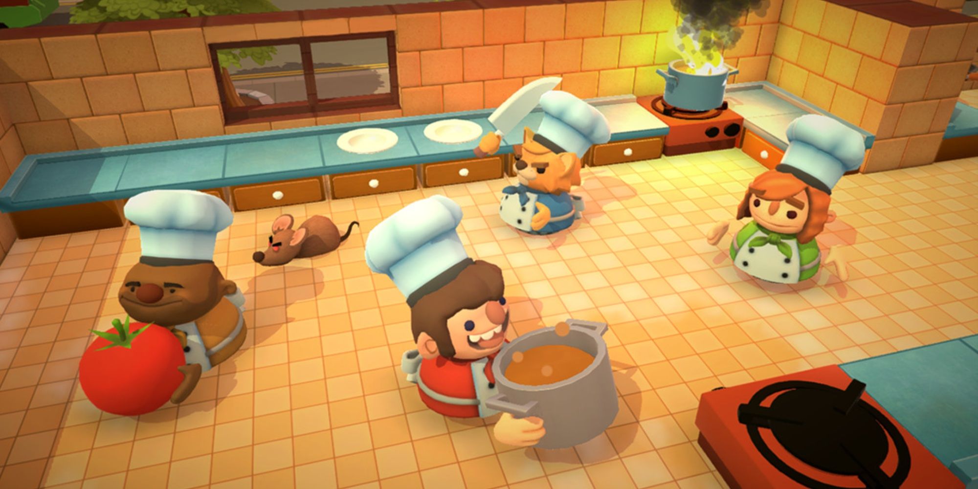 Overcooked: One player chasing a rat, another holding a tomato and another preparing soup