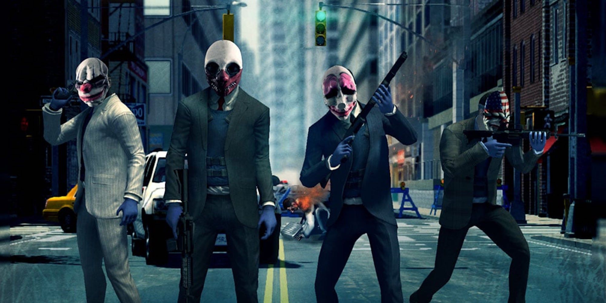 Characters lined up in the street wearing suits and masks (Payday 2)