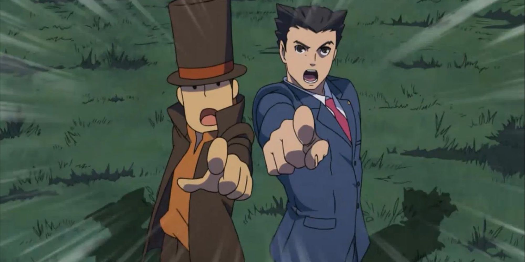 Professor Layton back to back with Phoenix Wright pointing to the sky