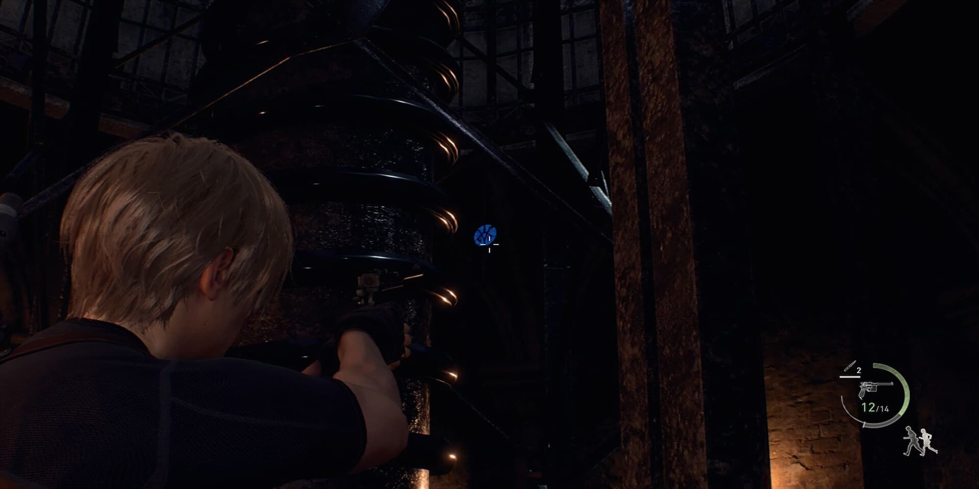 Leon finds a blue medallion and aims his gun