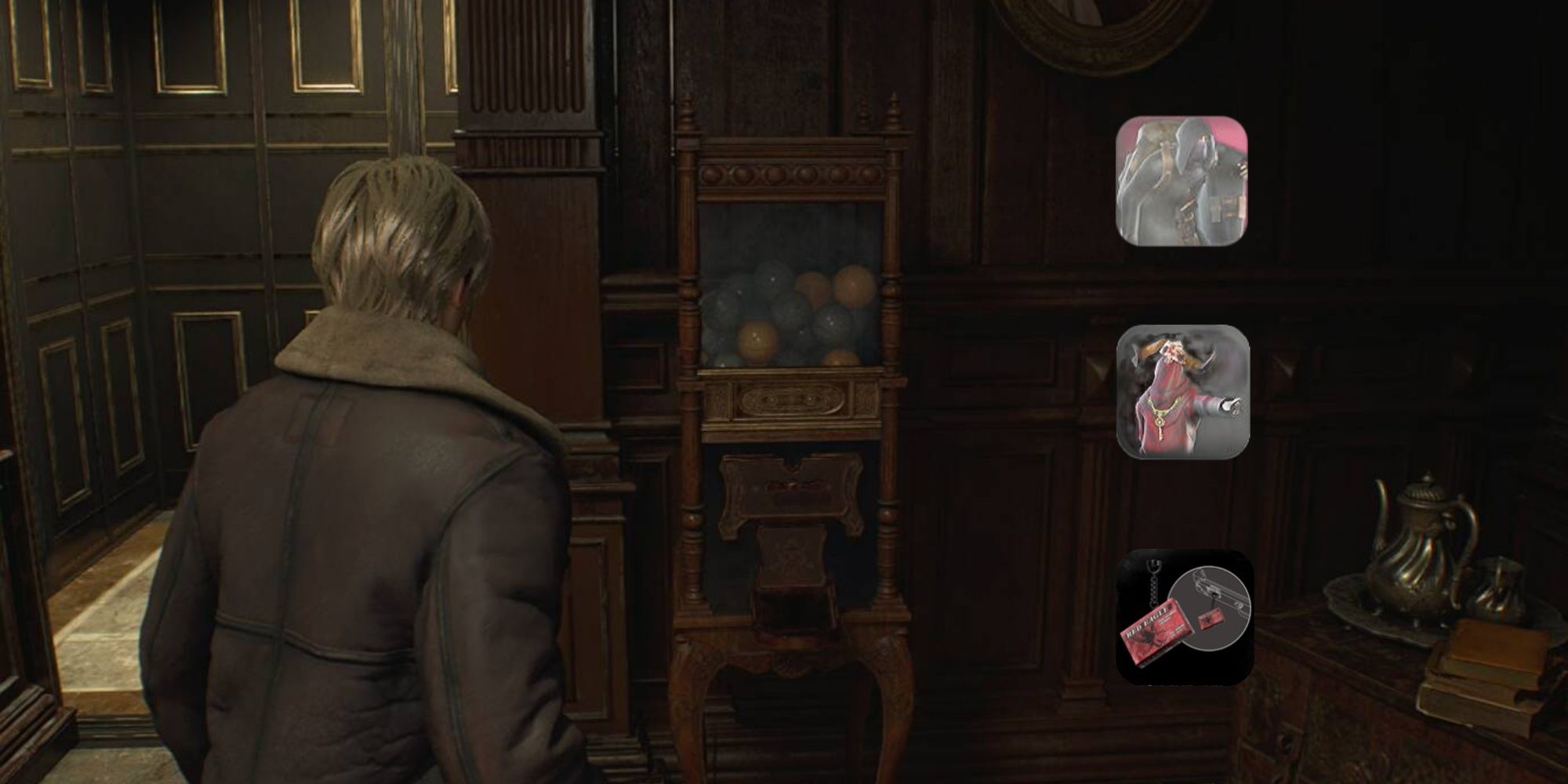 Resident Evil 4 Remake: Leon in front of Gumball Machine