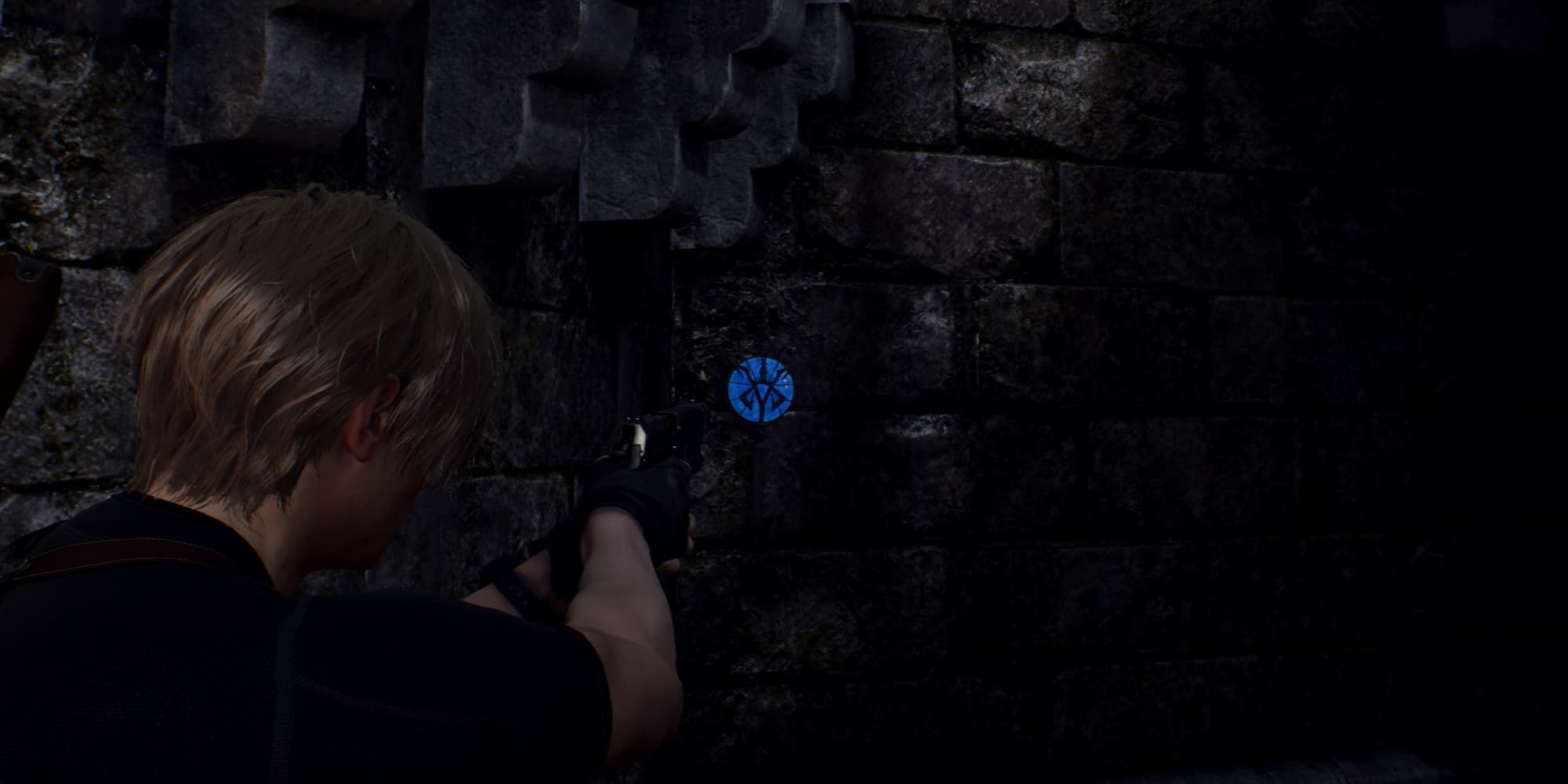 Leon finds and stands near a medallion 