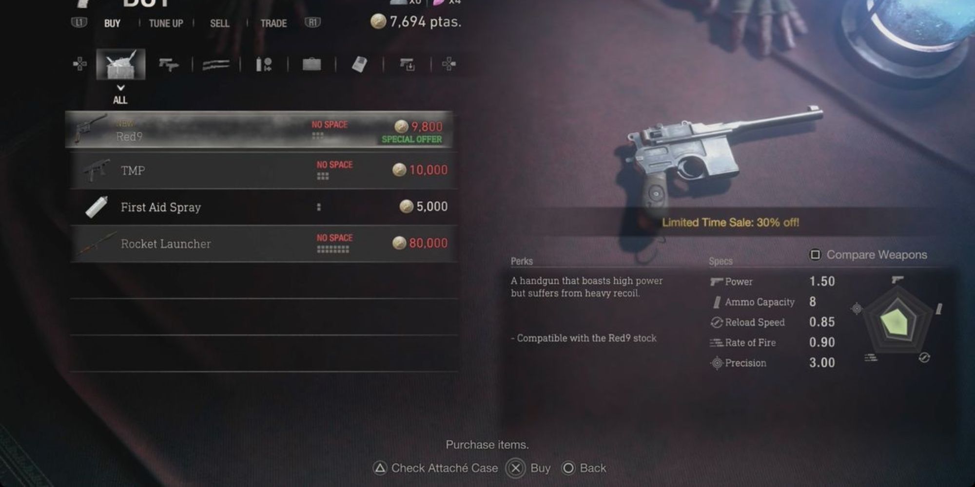 capcom re4 remake red9 pistol is under upgrade in the merchant