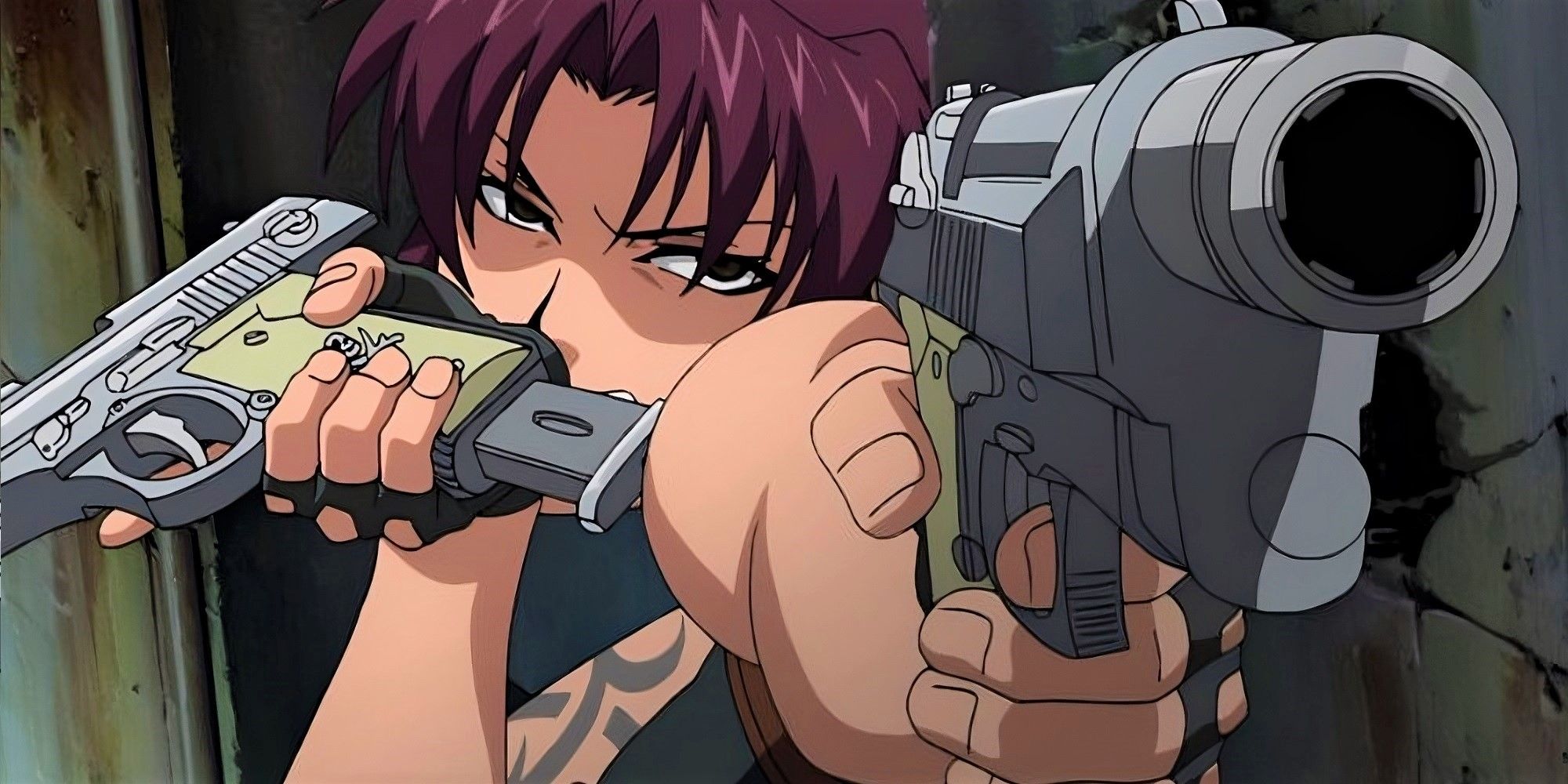 Revy from the Black Lagoon points at a target with his two pistols. 
