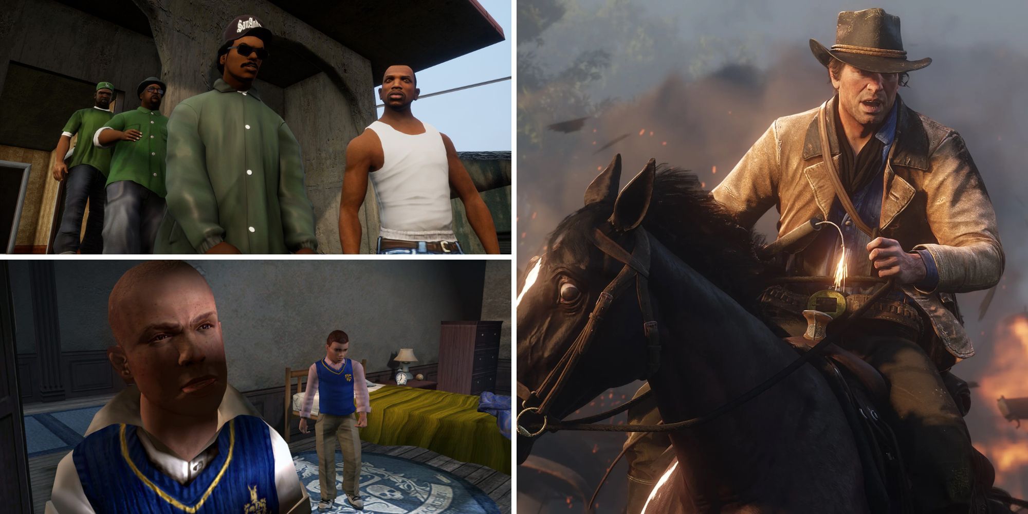 Collage of the best Rockstar Games of all time (Grand Theft Auto: San Andreas, Red Dead Redemption 2, Bully)