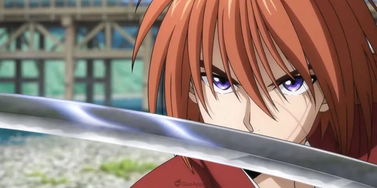 Kenshin from Rurouni Kenshin with a sword in front of his face