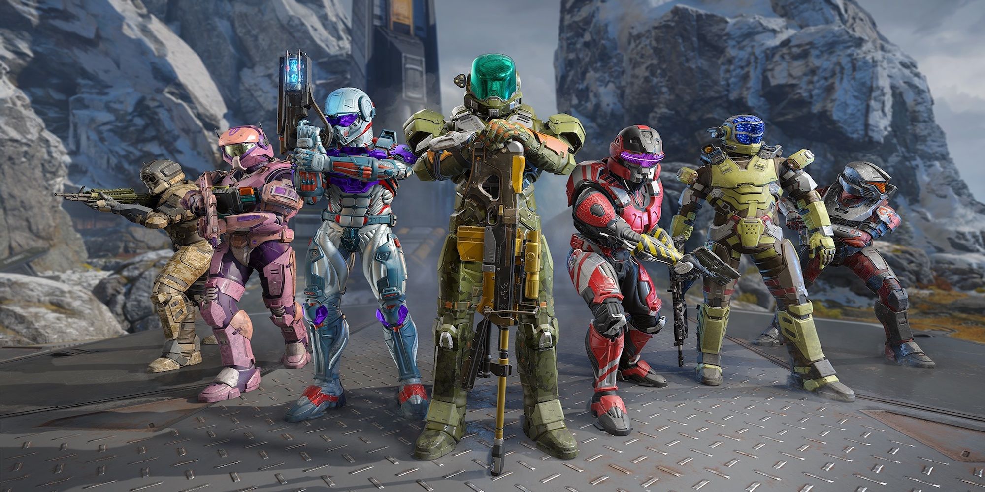Various players in different sets of armor lined up (Halo Infinite)