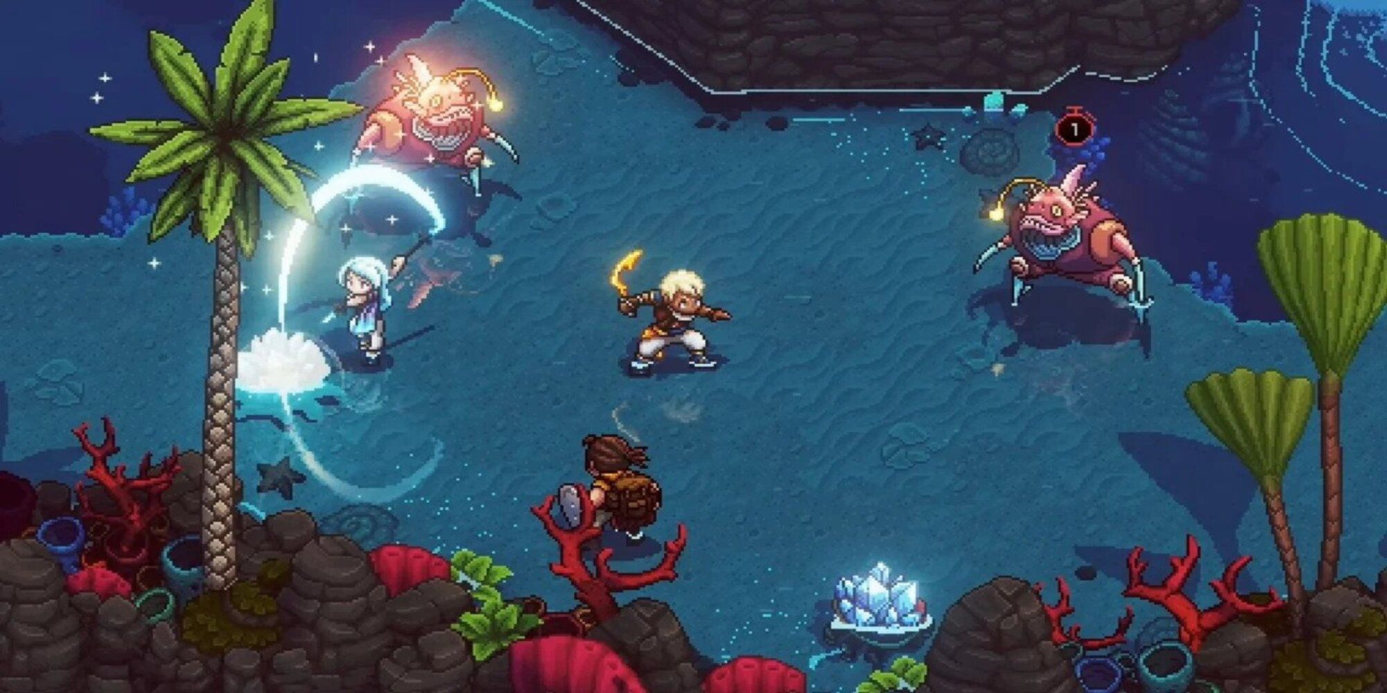 Three, 2D characters battle two monsters on the ocean floor.