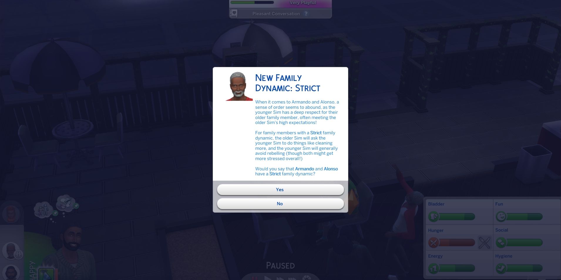 A pop-up in The Sims 4 indicates that there is now a new relationship between Alonso and his father, Armando;  Armando is now a strict father.