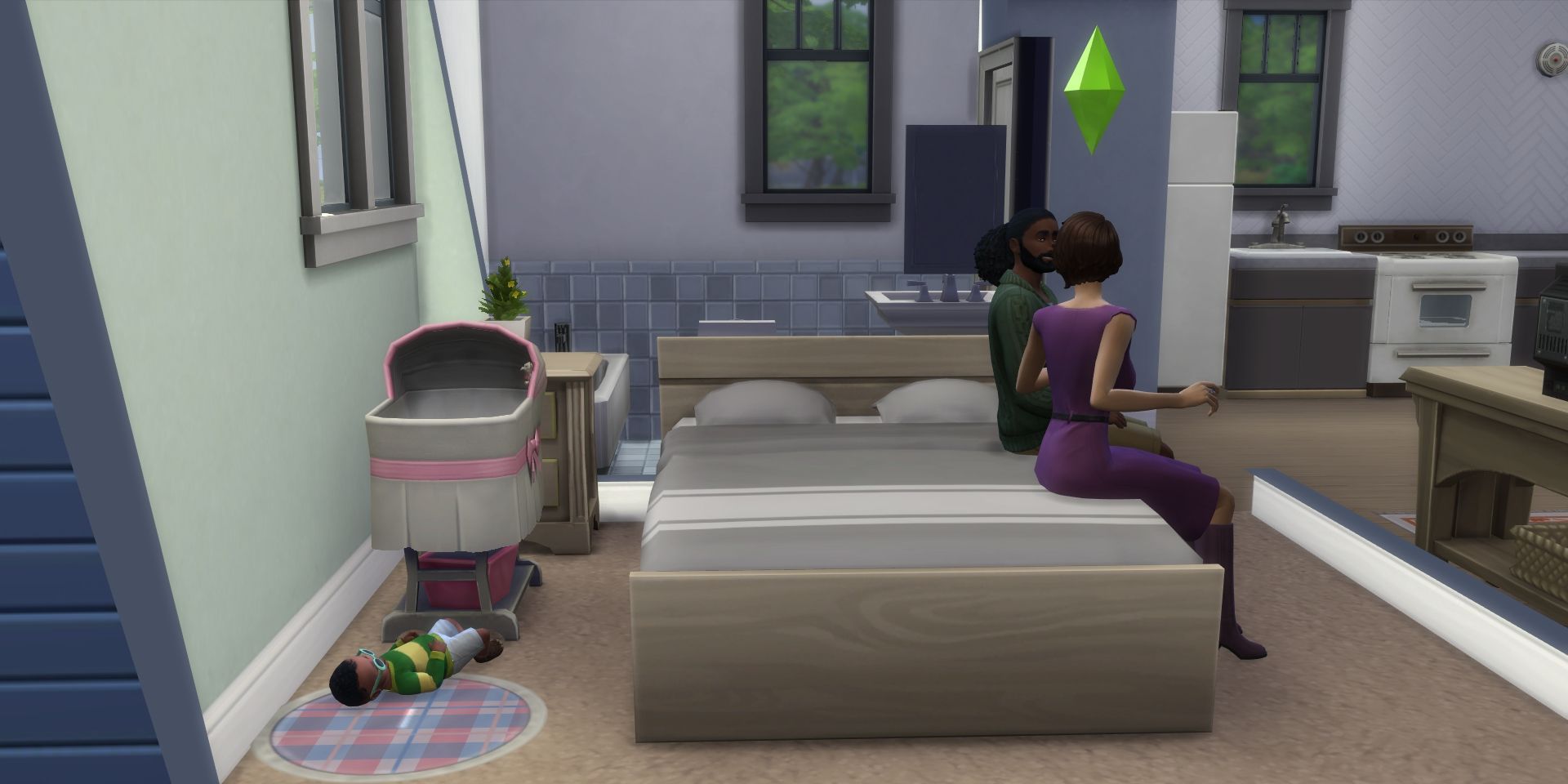 two Sims sitting talking on the edge of the bed;  Their baby is lying on a play mat on the floor across from the bed.