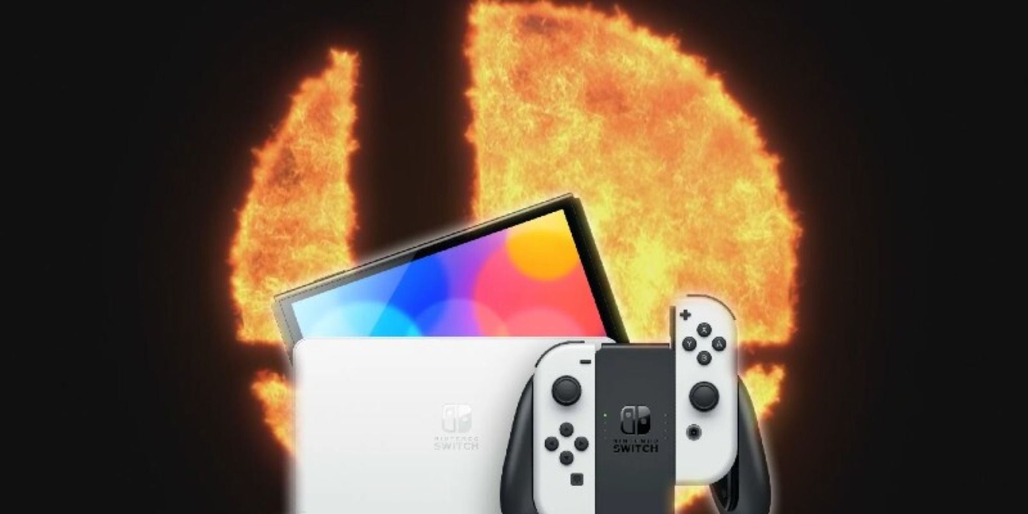 The Smash fire logo with a Nintendo Switch OLED Model in the foreground.