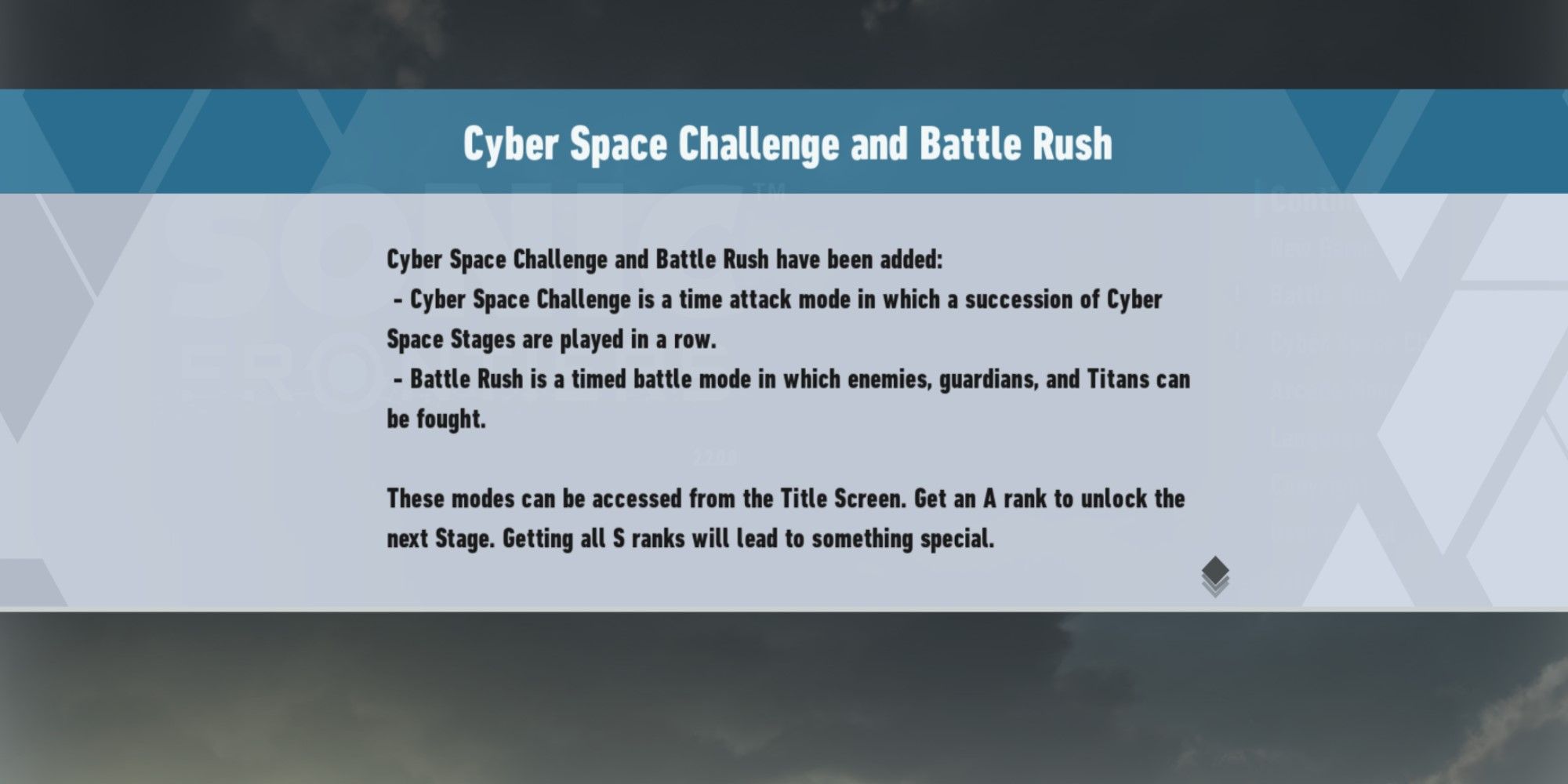 Sonic Frontiers Update Explaining Battle Rush And Cyber Space Challenge