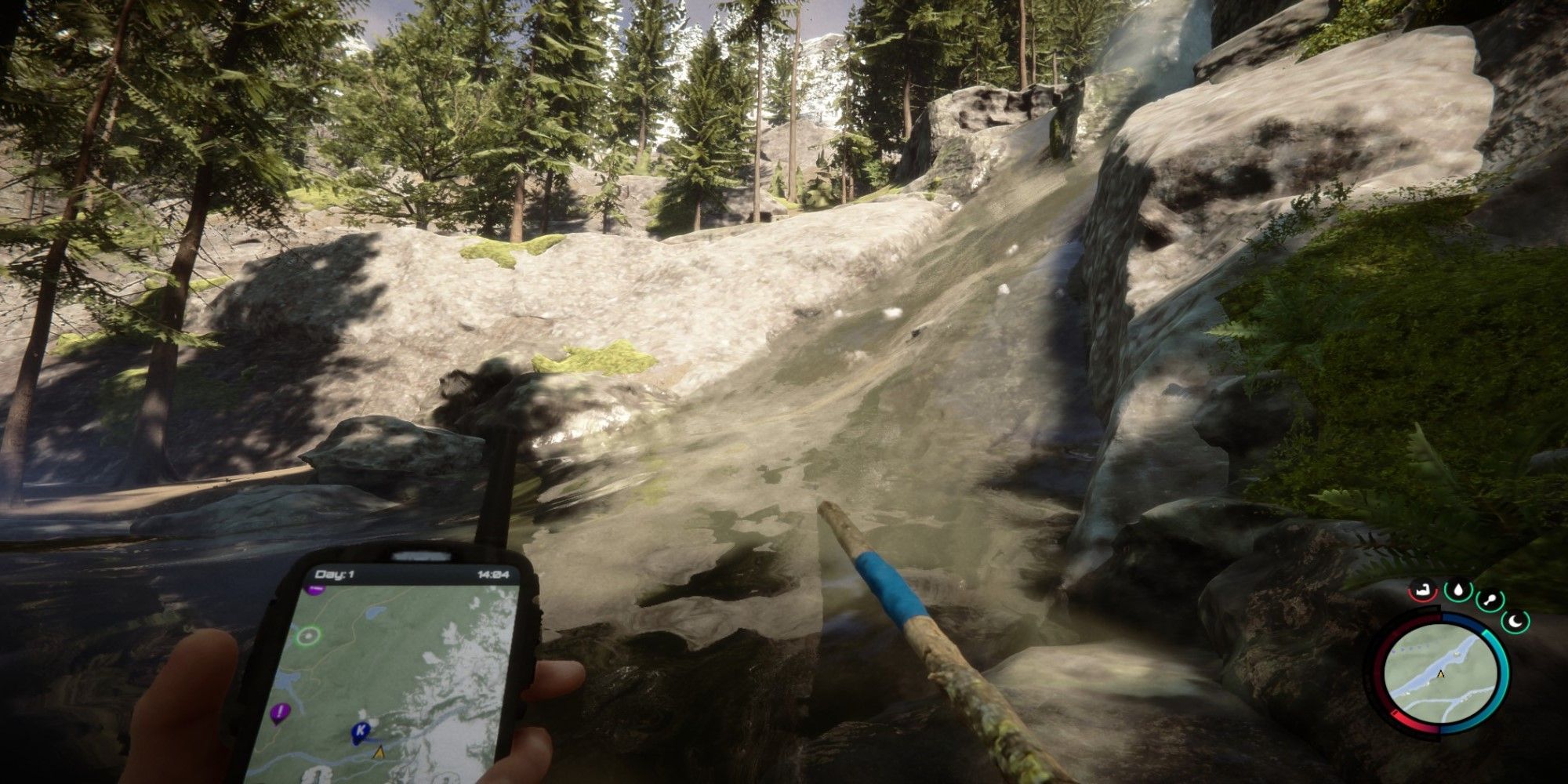 The children of the jungle player hold a GPS and a spear in front of a waterfall