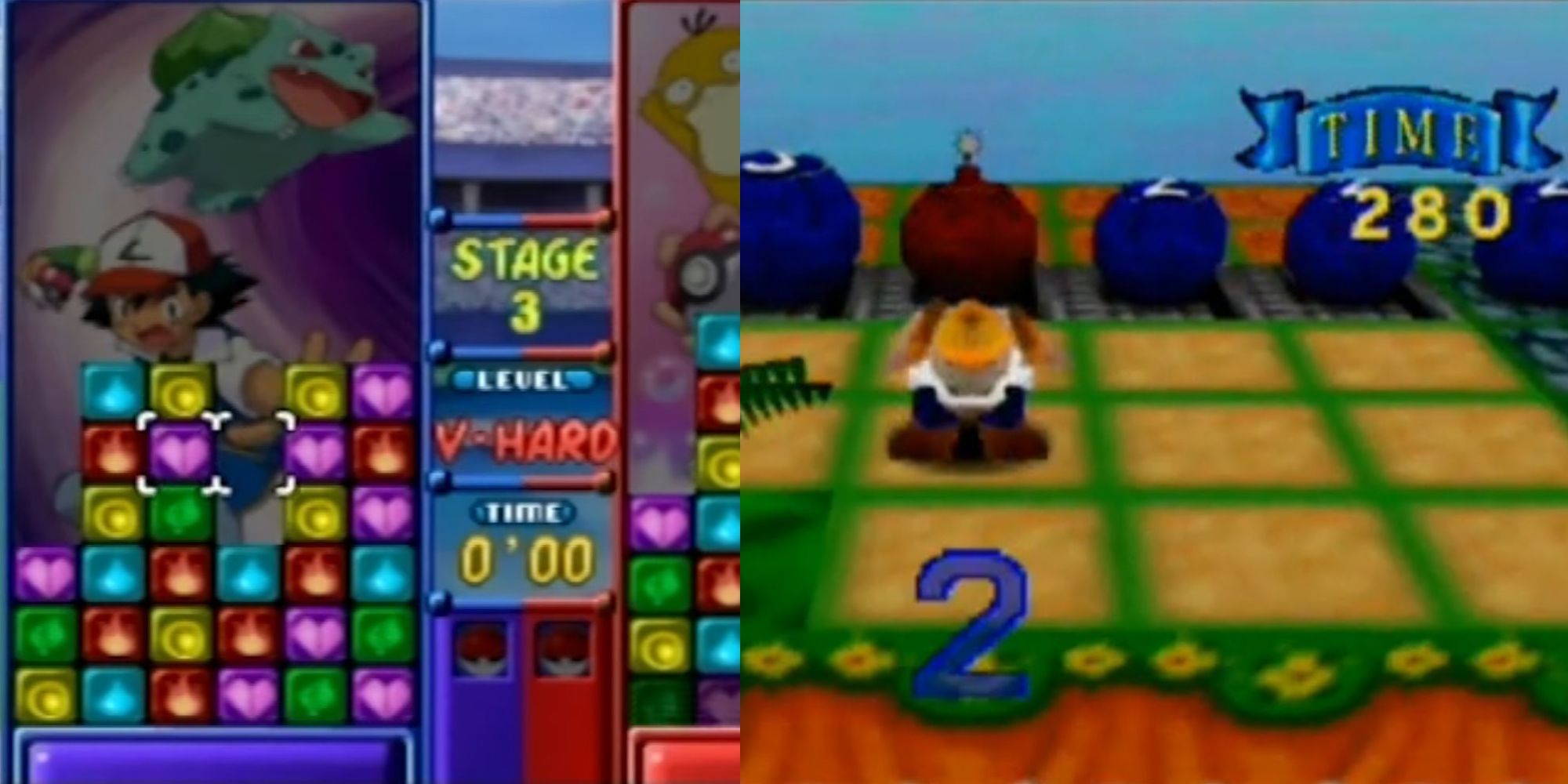 A split image of Pokemon Puzzle League focused on Ash Ketchum and Charlie Blast's Territory with Charlie Blast taking cover