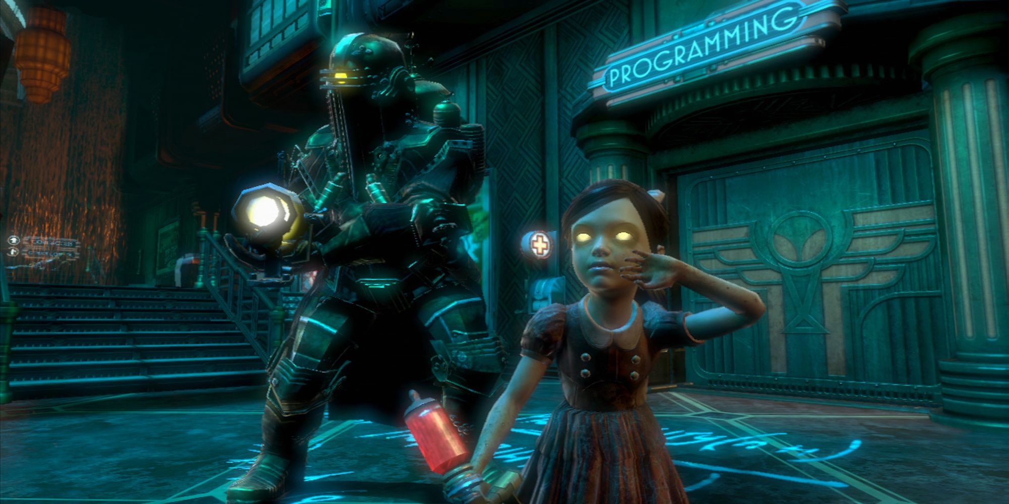 Subject Sigma and Little Sister stand in Minerva's Den in BioShock 2