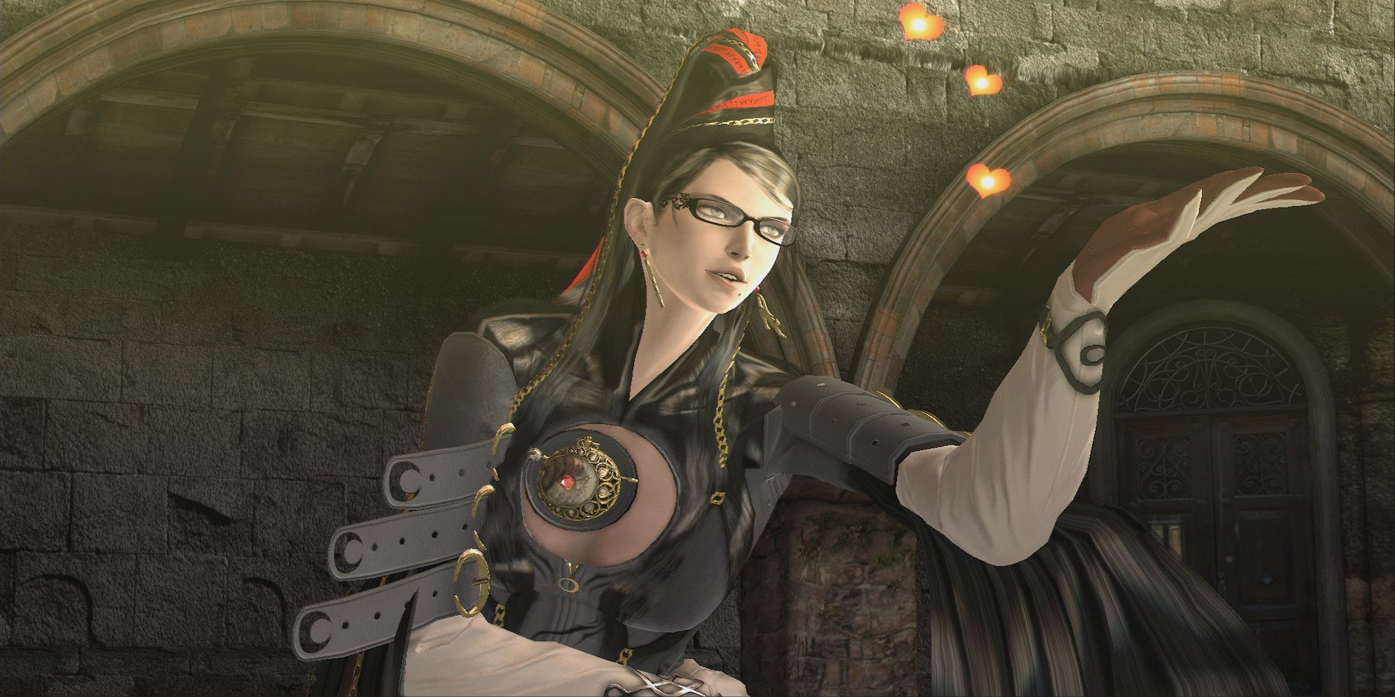 Bayonetta with hearts near her (Bayonetta)