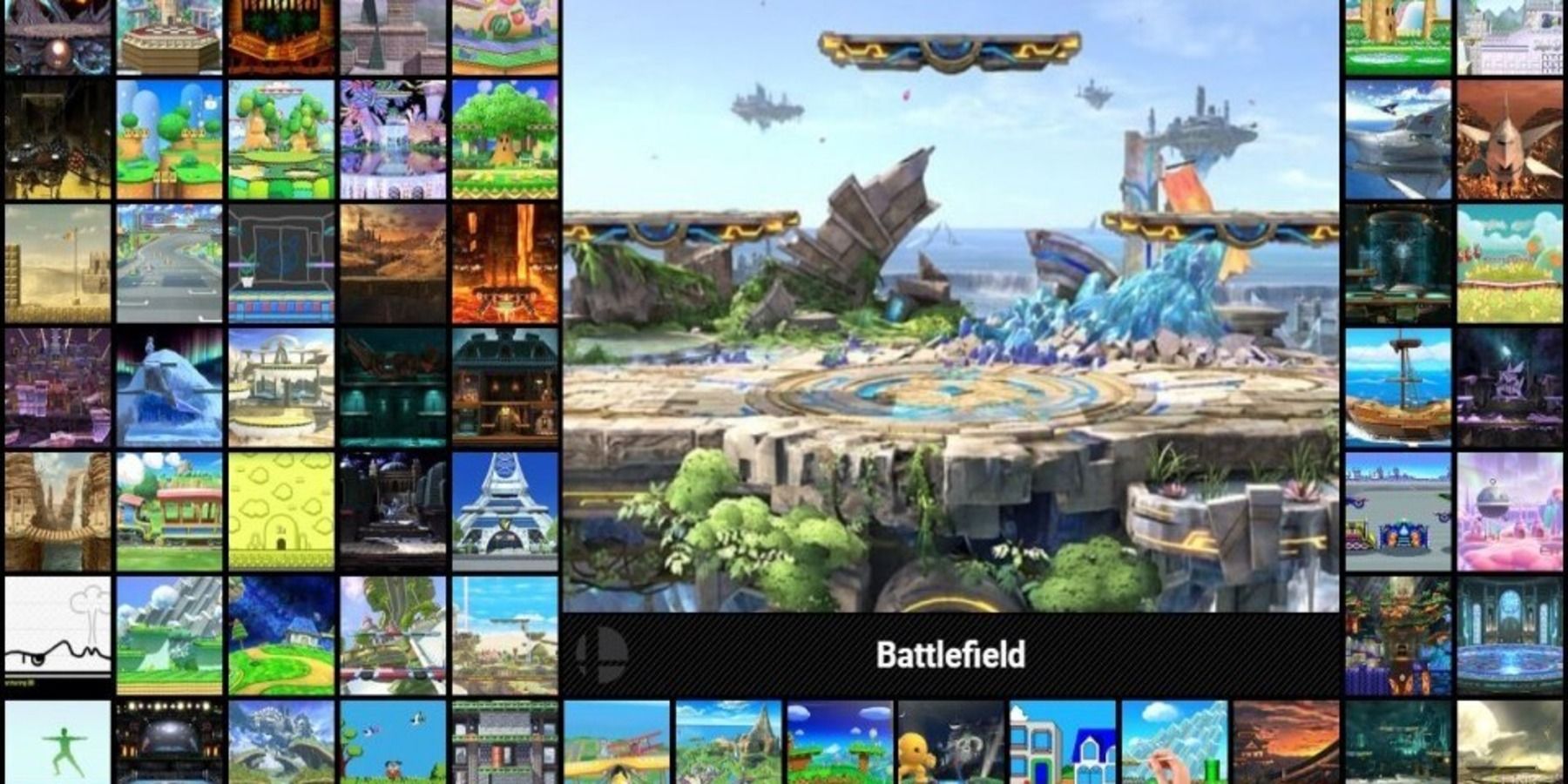 A list of many stages in Super Smash Bros. Ultimate, Battlefield being at the center.