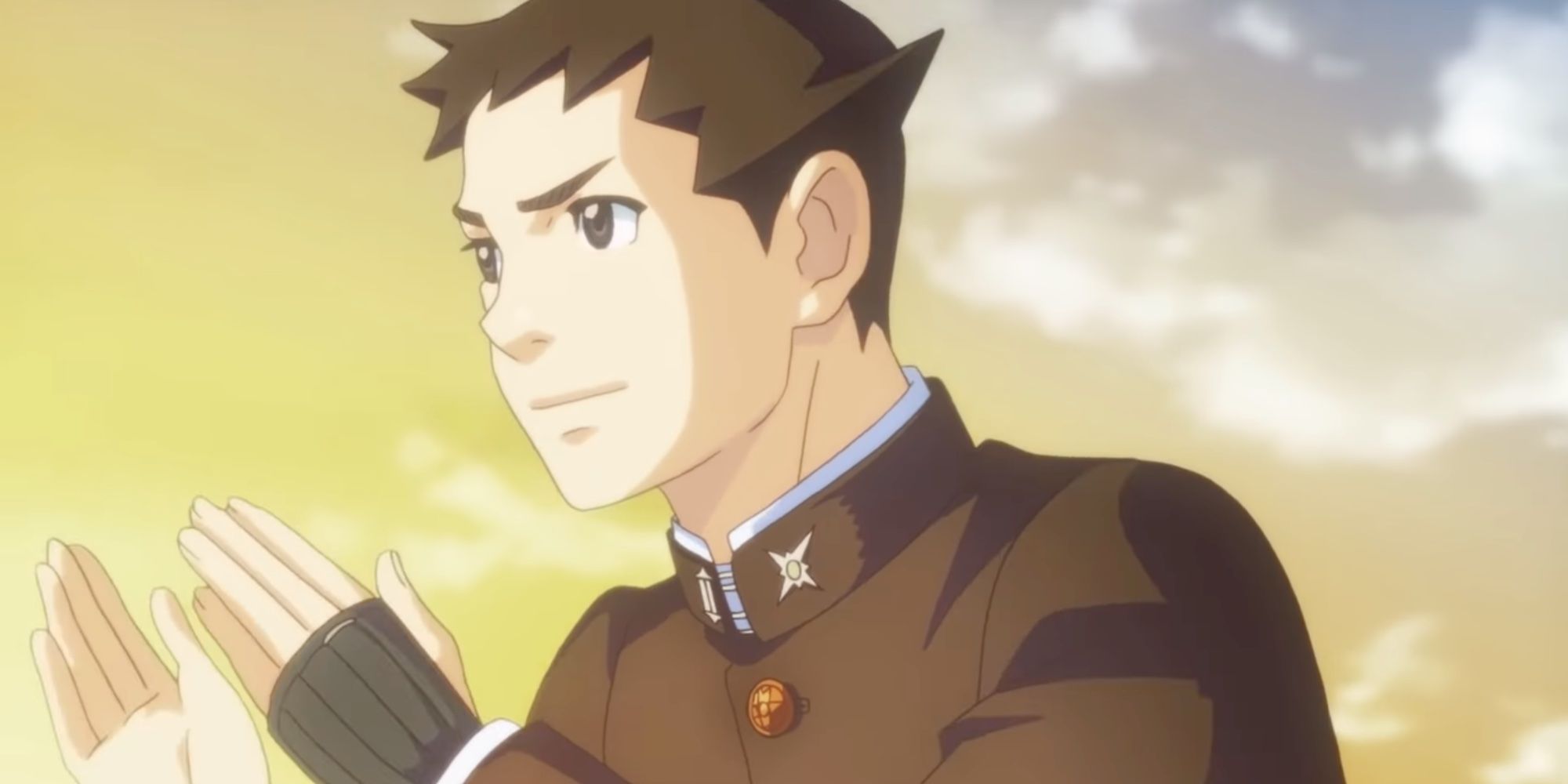     The Great Ace Attorney Chronicles Ryunosuke arms raised outdoors